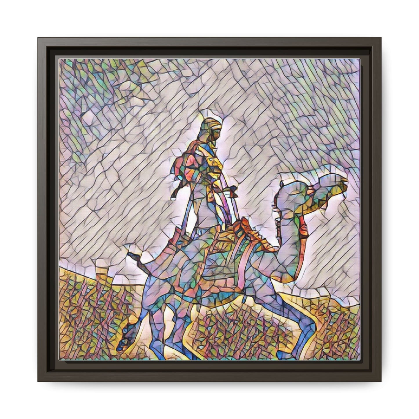 Framed Camel Rider Matte Canvas Art — Colorful Mosaic Desert Wall Decor