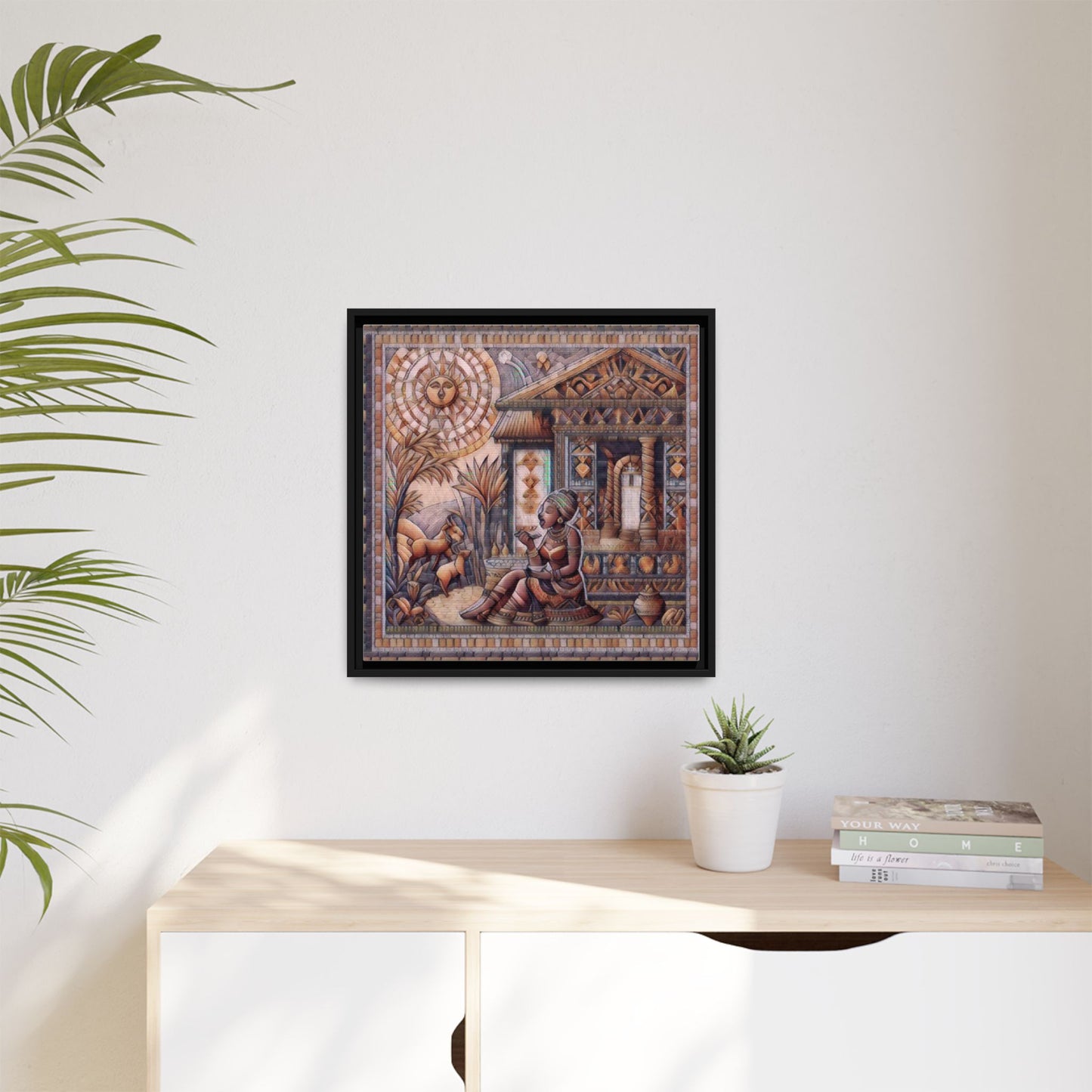 Egyptian Goddess Mosaic Framed Canvas Art — Colorful Ancient Ritual Wall Decor