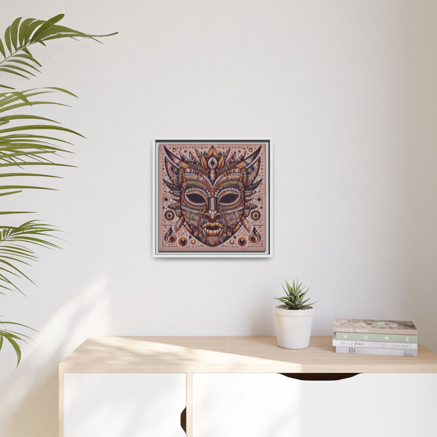 Tribal Mask Framed Canvas Art — Multicolor Matte Wall Decor