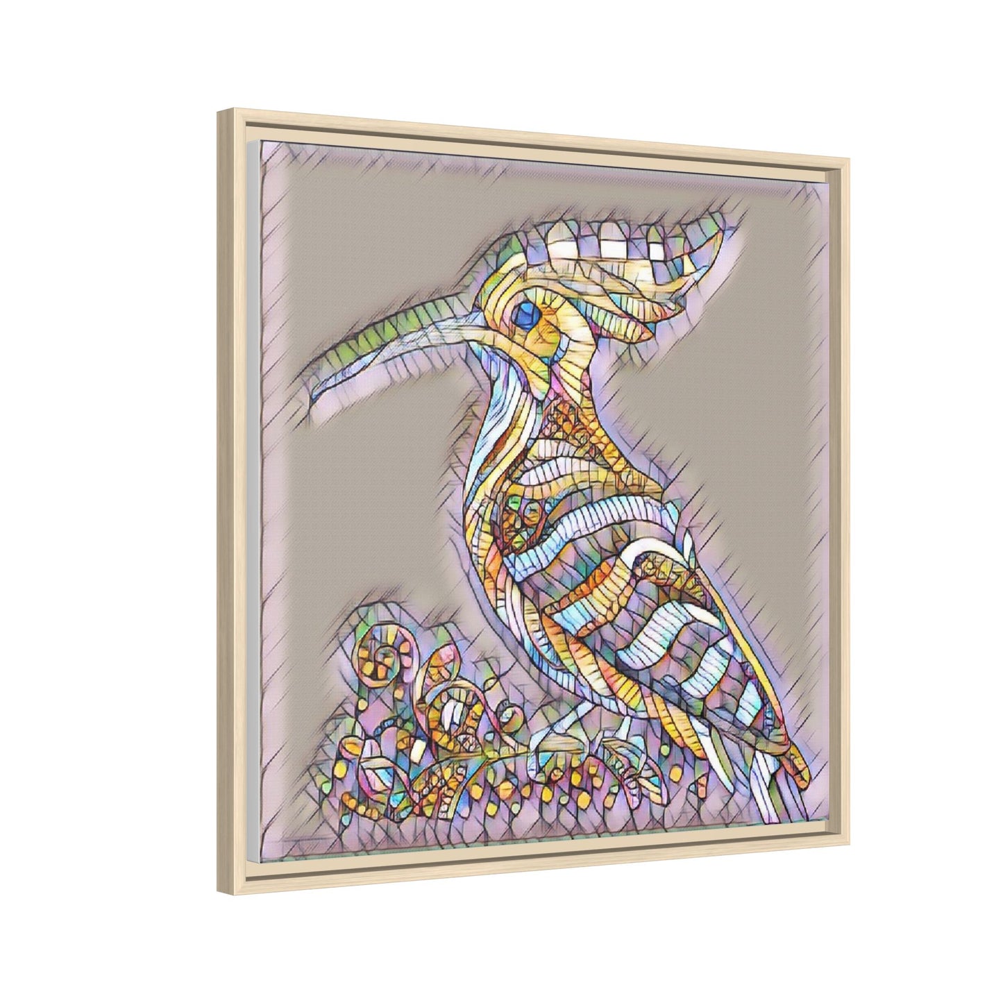 Colorful Mosaic Bird Framed Canvas Art — Whimsical Hoopoe Wall Decor