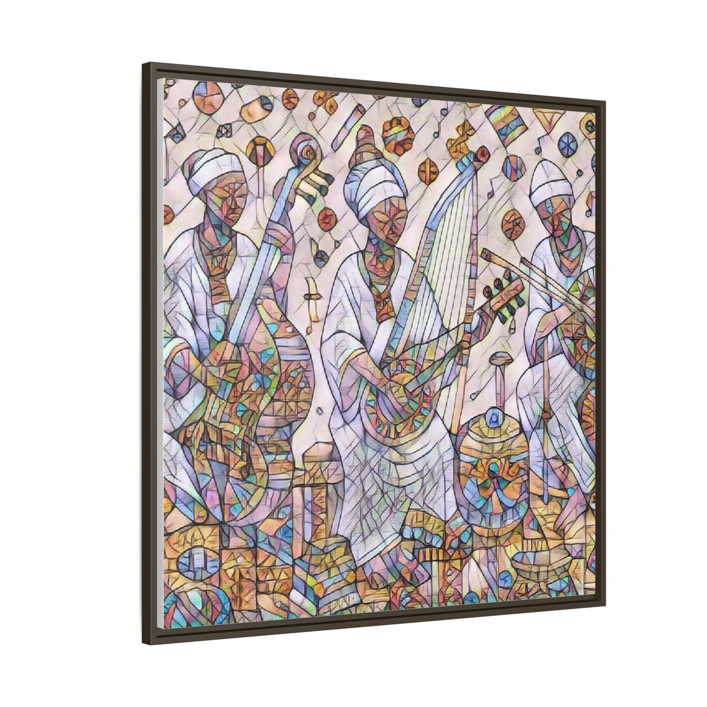 Framed Matte Canvas Print — Colorful African Musicians Stained-Glass Art