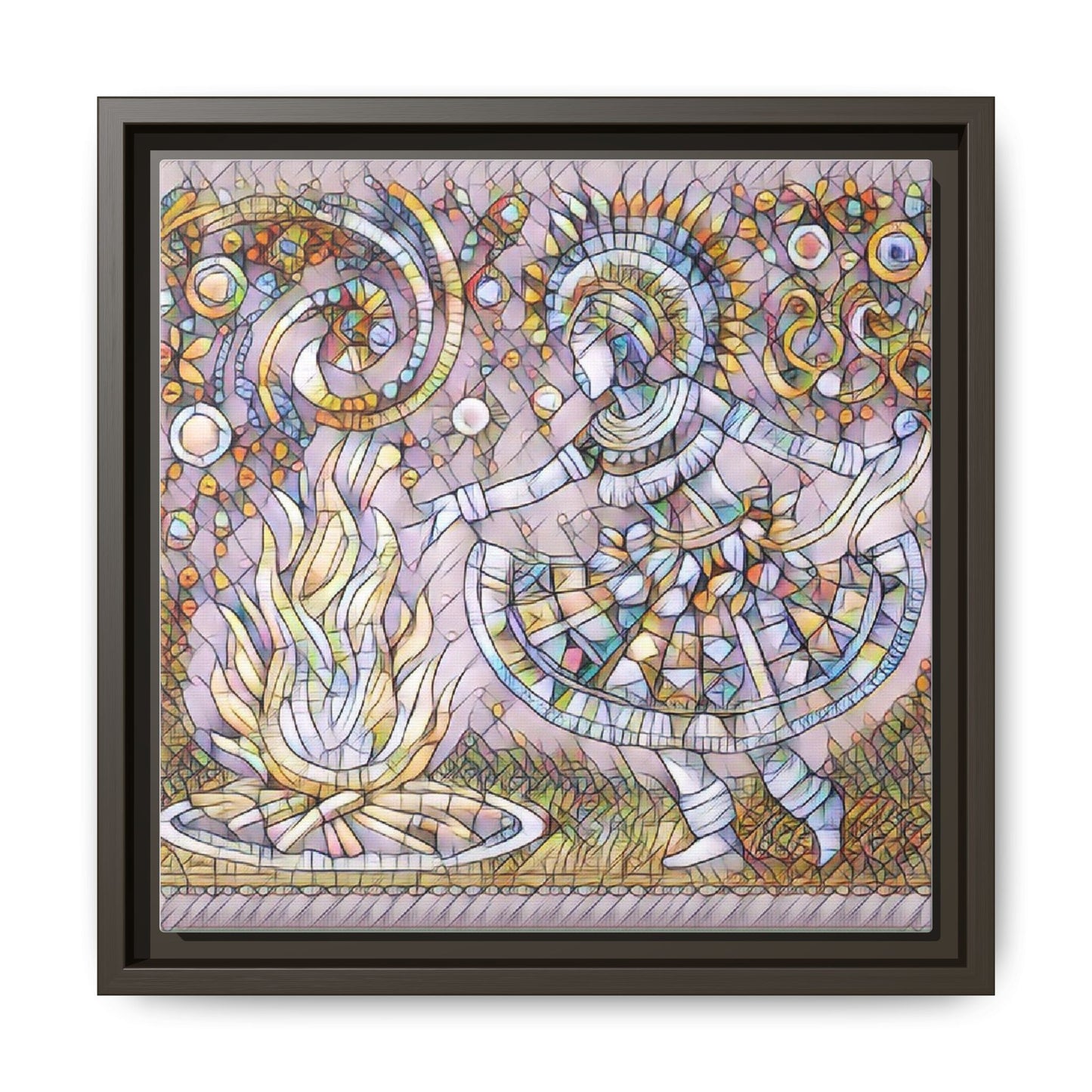 Bohemian Fire Dancer Framed Canvas Art — Colorful Folk Mosaic Wall Decor
