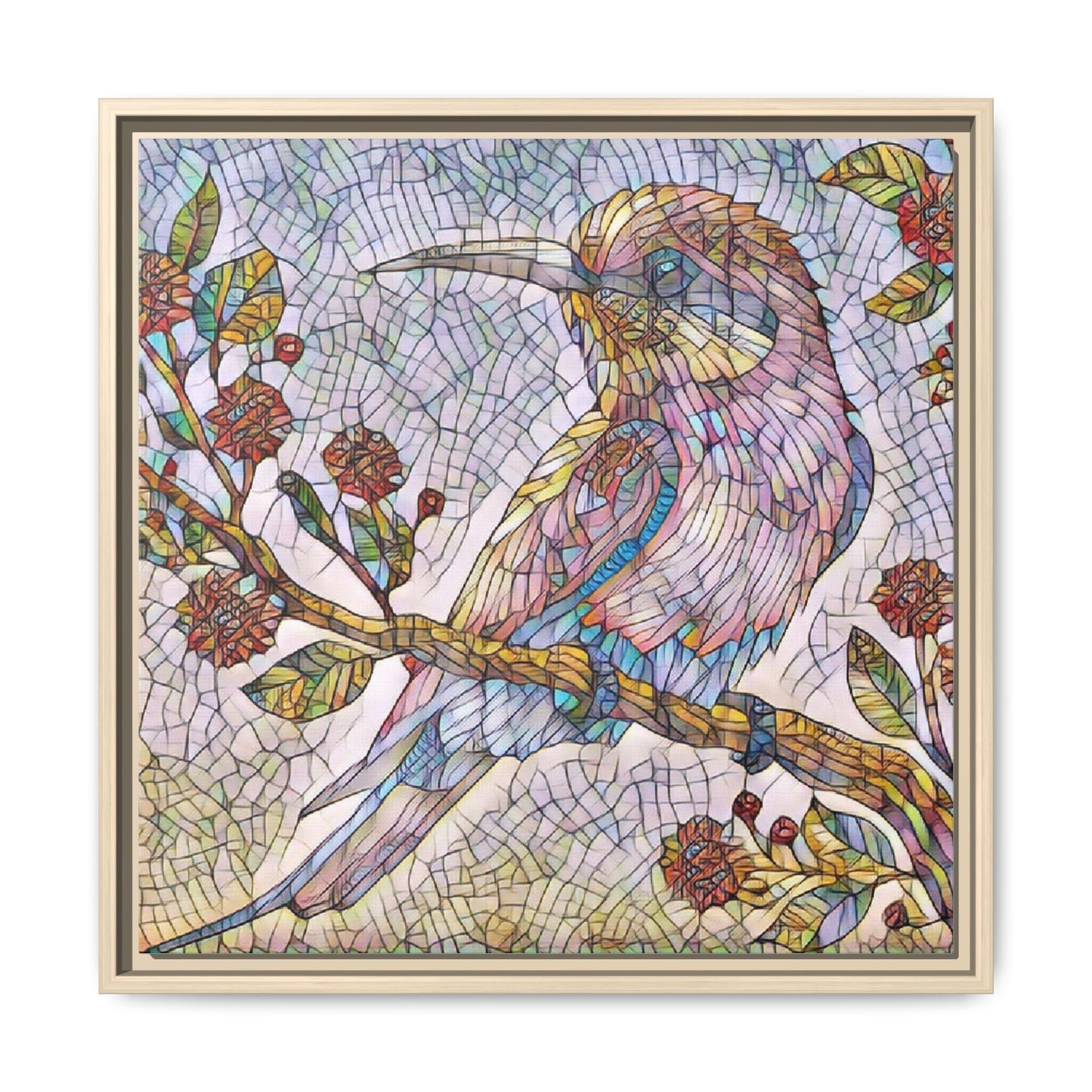 Framed Mosaic Bird Art Print — Colorful Kookaburra Wall Canvas