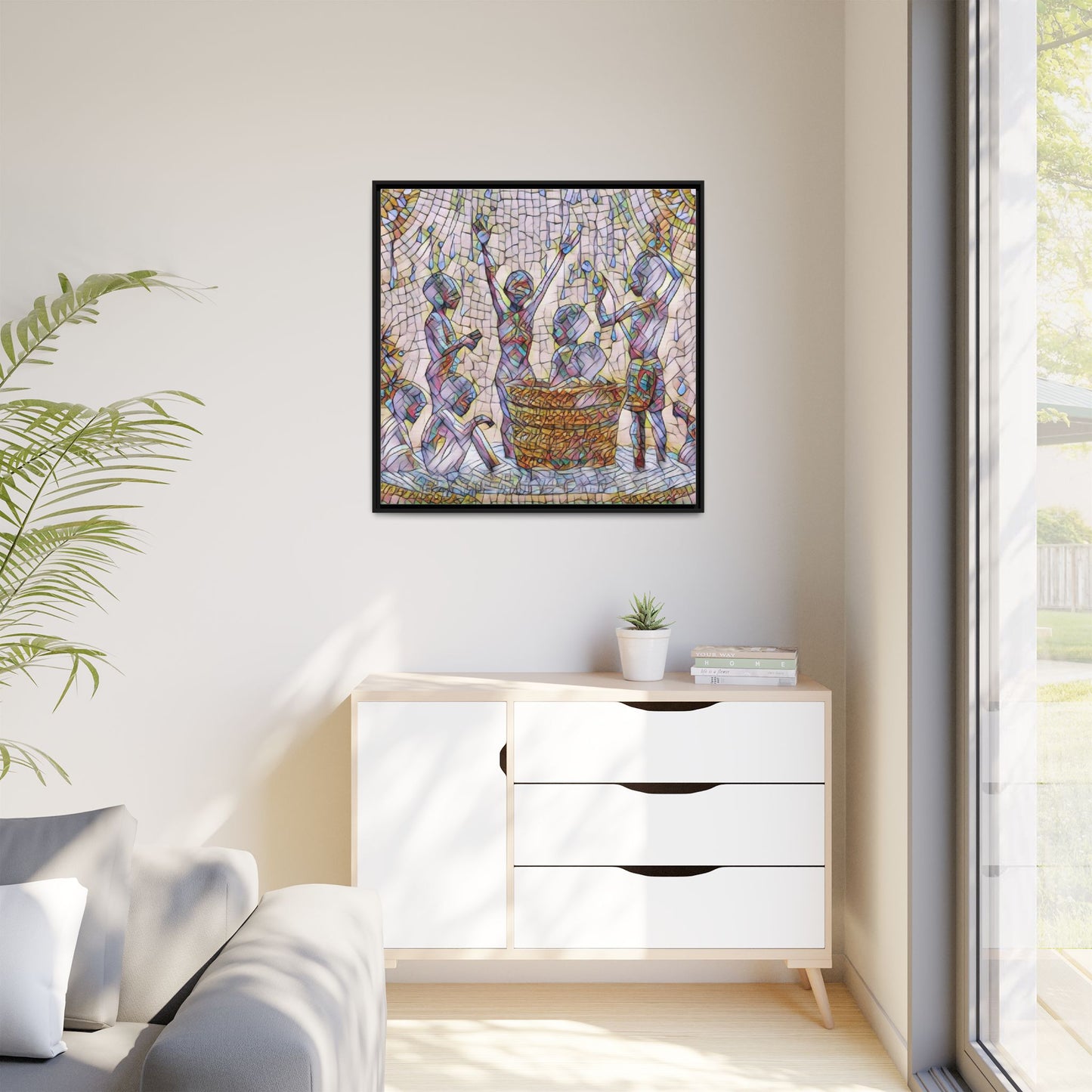 Framed Matte Canvas Art — Children Playing Mosaic Illustration