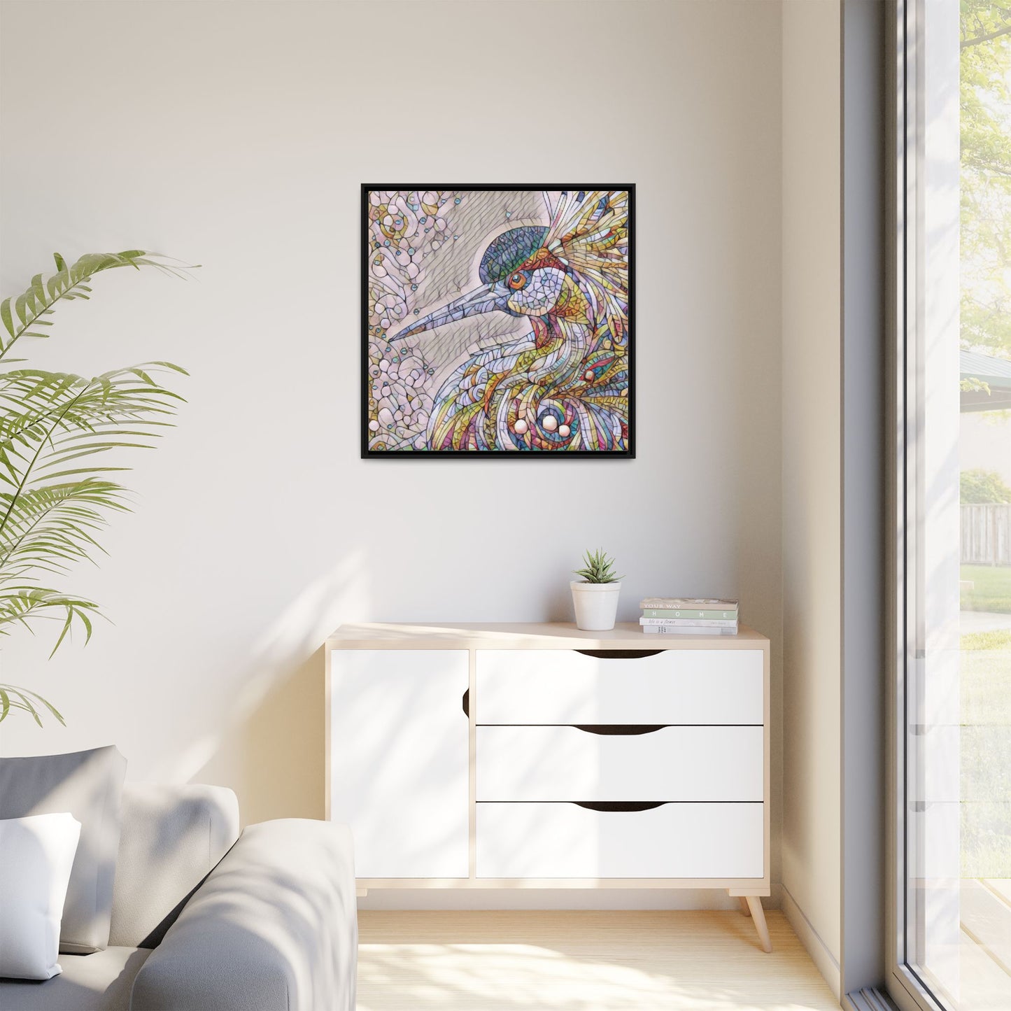 Colorful Stained-Glass Heron Matte Canvas Framed Wall Art