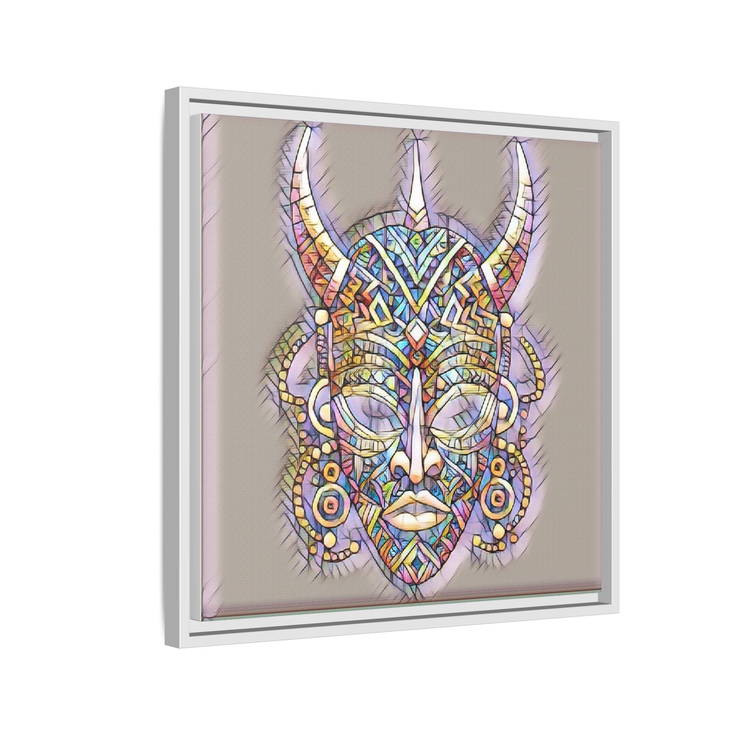 Colorful Tribal Mask Framed Canvas Art — Abstract Ethnic Wall Decor