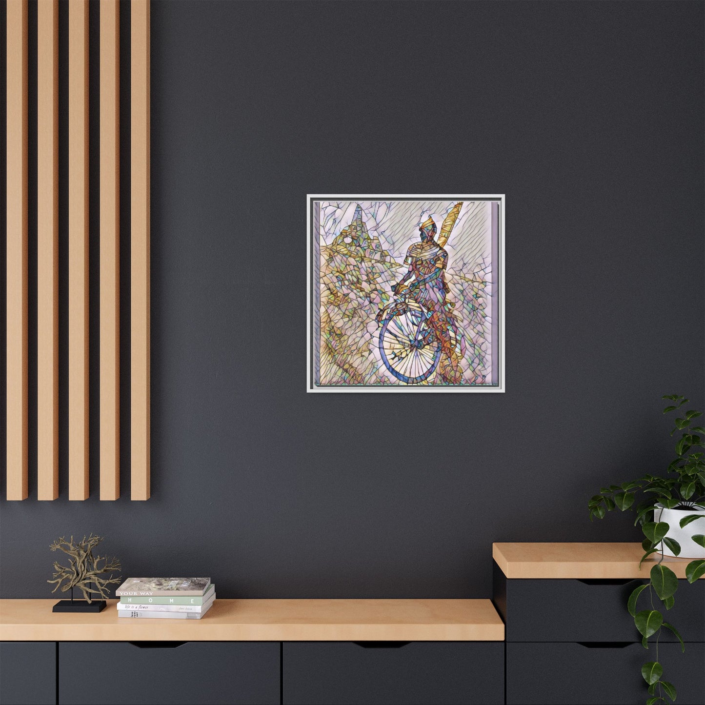 Cyclist Stained Glass Art Print — Framed Matte Canvas