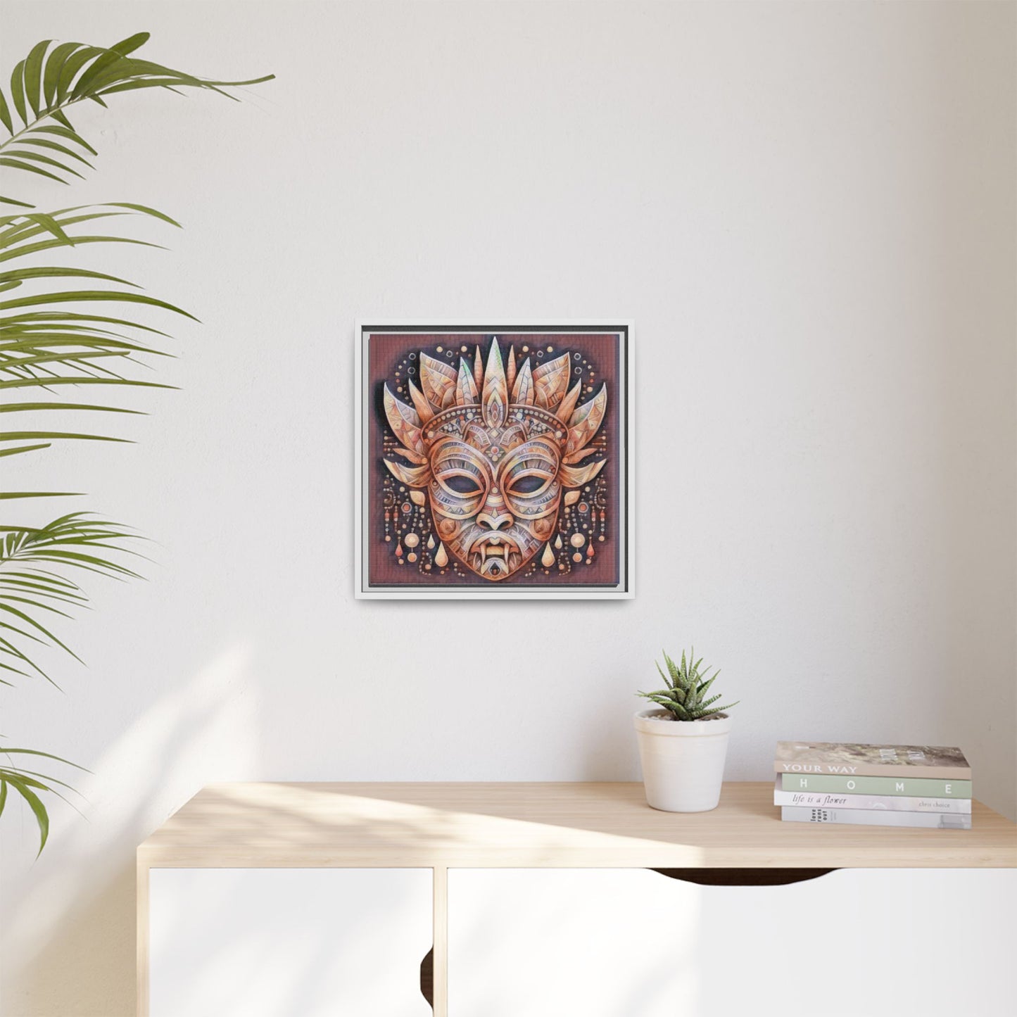 Tribal Sun Mask Framed Canvas Art — Boho Ethnic Wall Decor