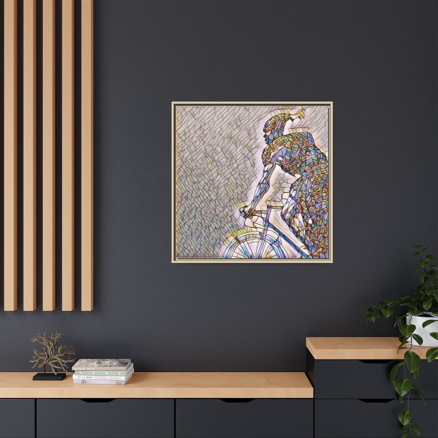 Cyclist Mosaic Matte Canvas Print — Framed Multicolor Bike Art