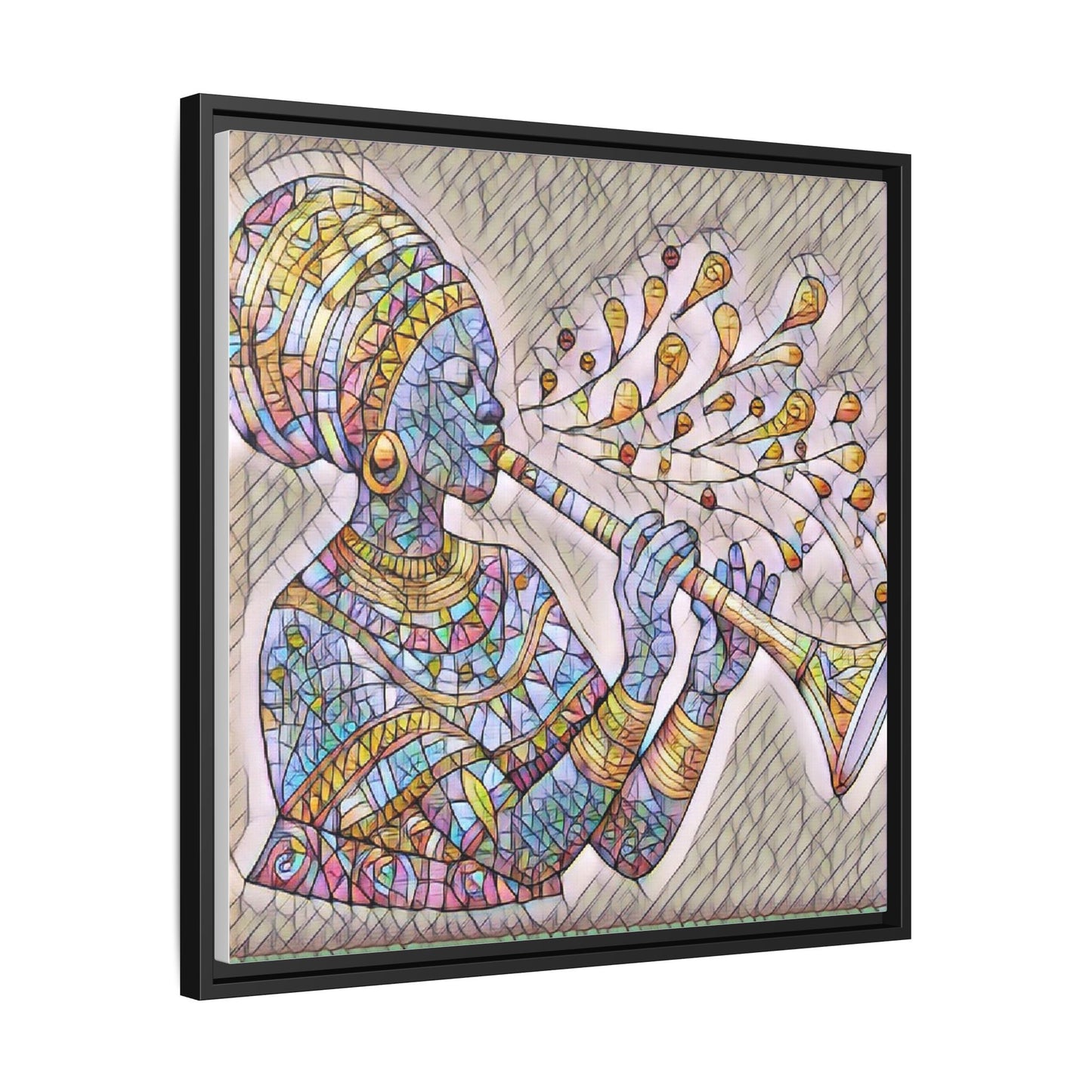 Framed Matte Canvas Art – Colorful African Musician Trumpet Print