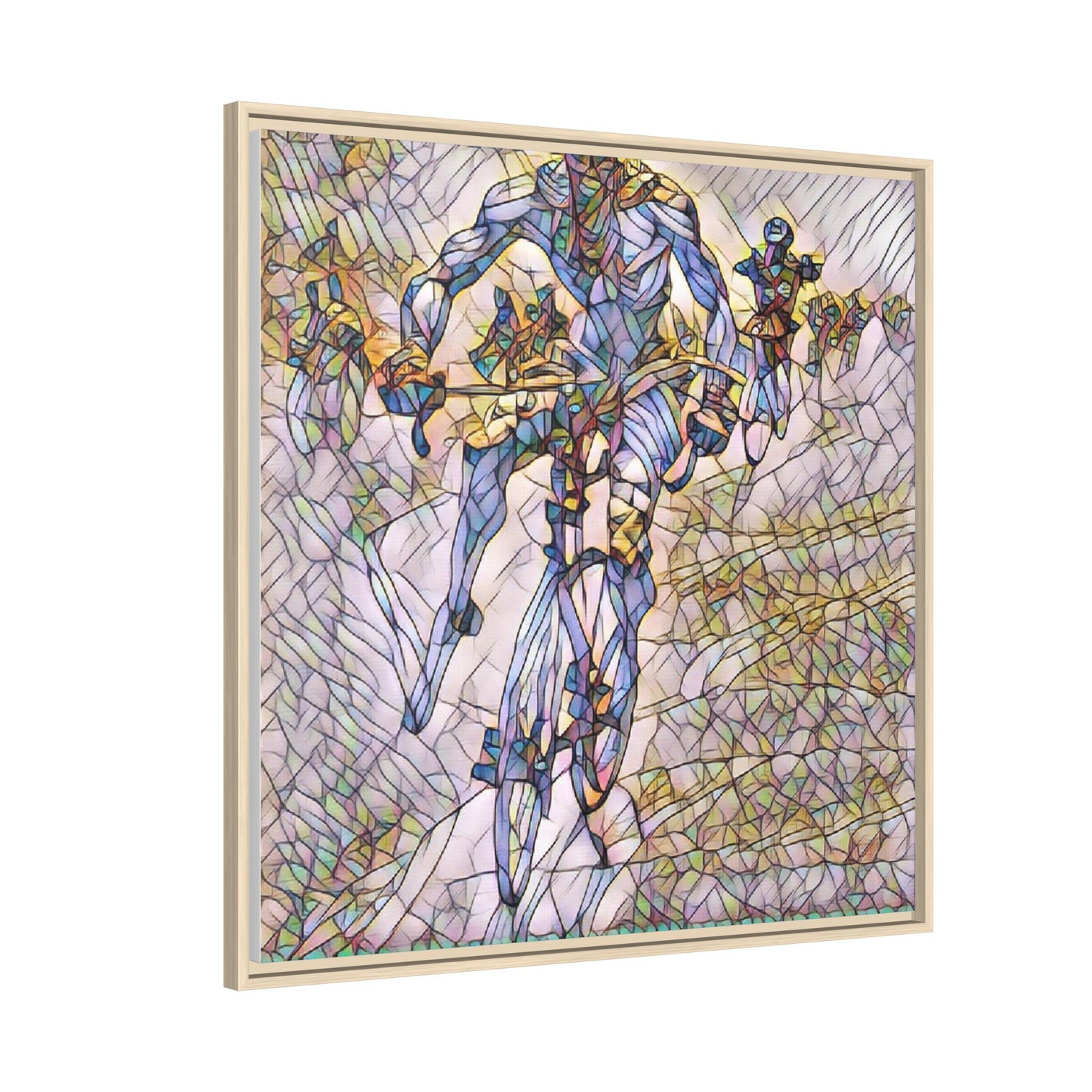 Abstract Cyclist Matte Canvas Framed Art — Colorful Stained-Glass Bike Print