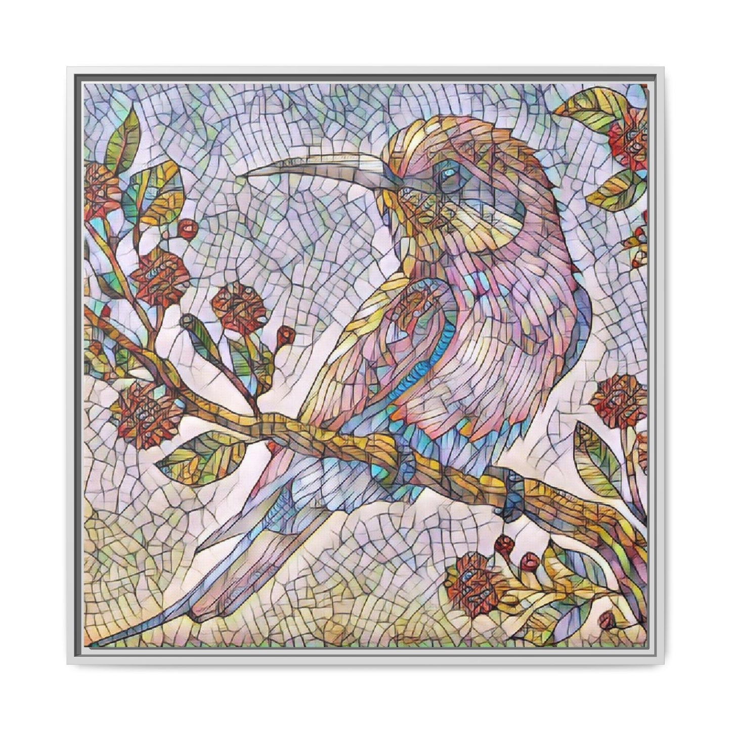 Framed Mosaic Bird Art Print — Colorful Kookaburra Wall Canvas