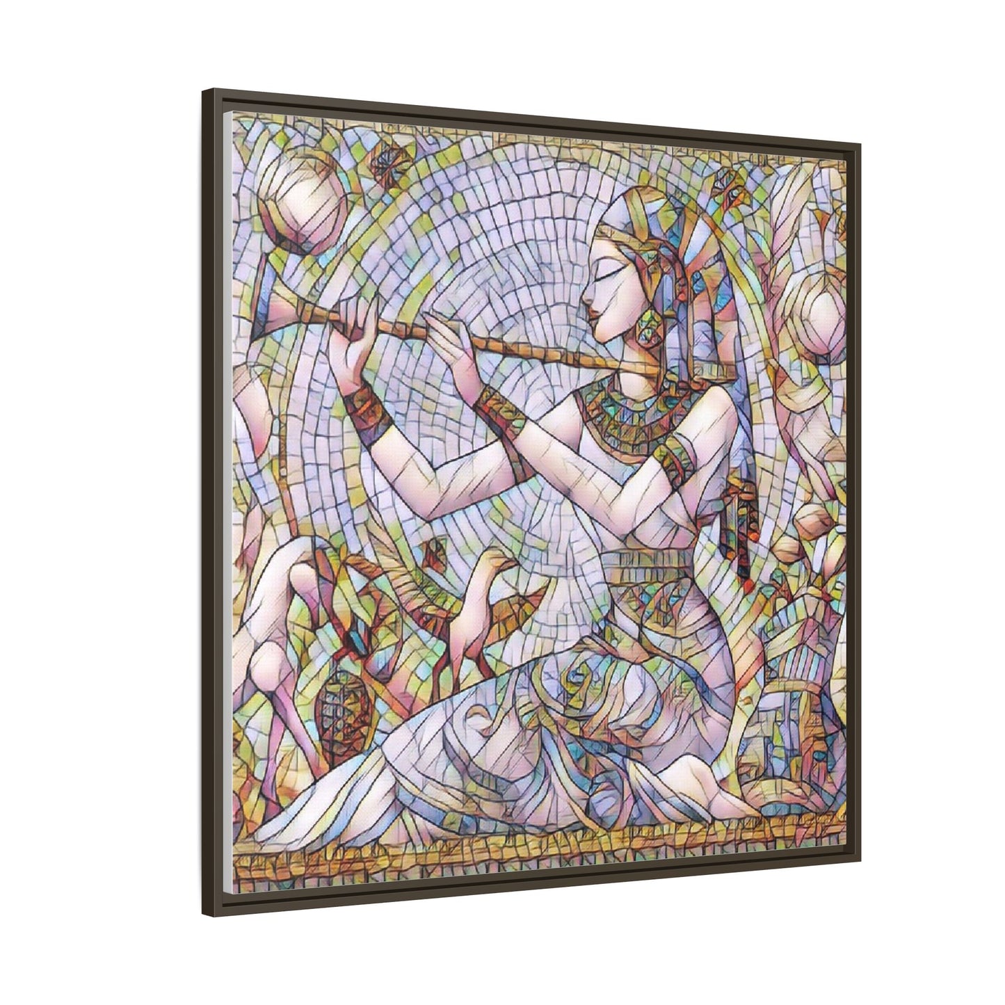 Egyptian Flute Player Framed Canvas Art — Colorful Mosaic Wall Decor