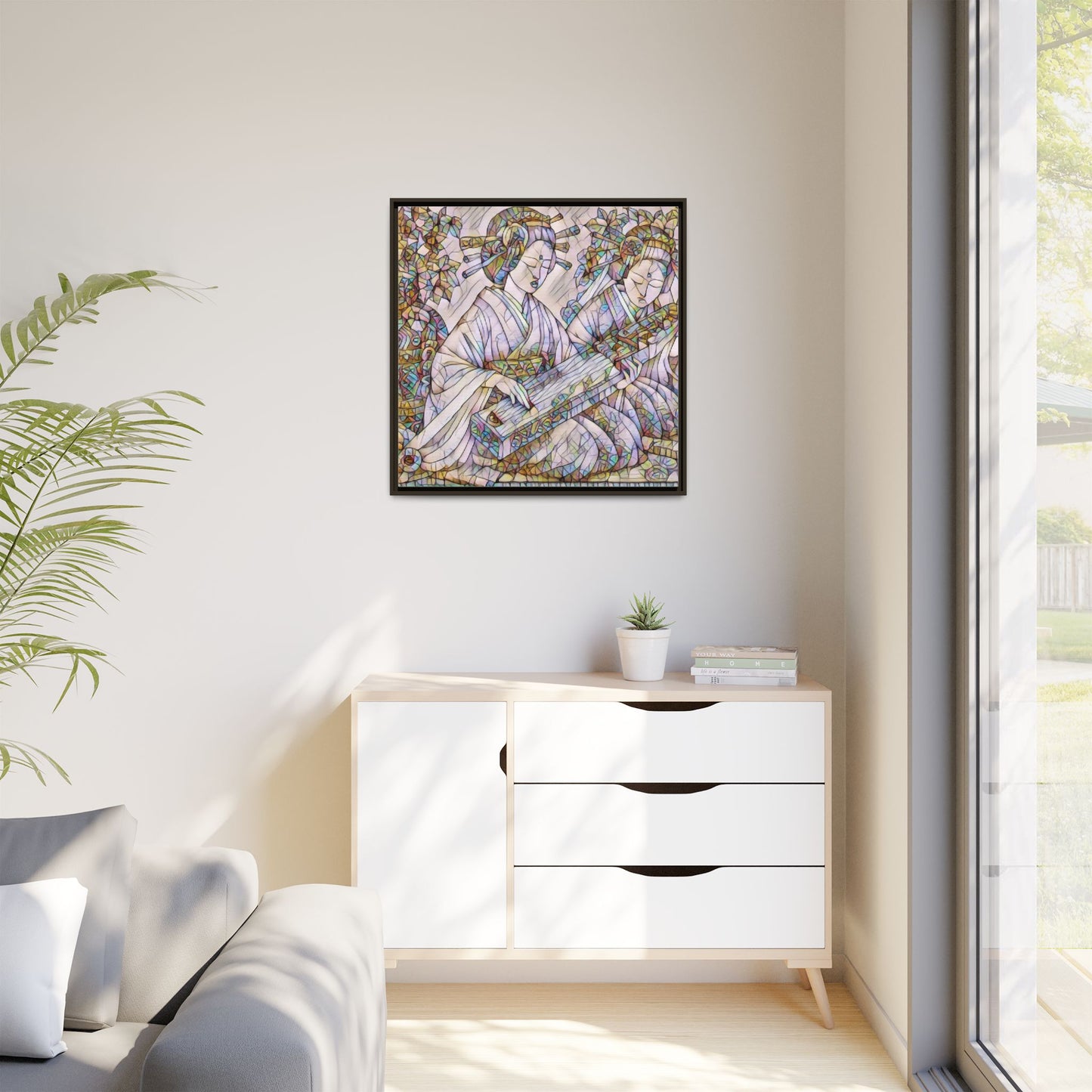 Framed Matte Canvas Print — Stained-Glass Geisha Duo