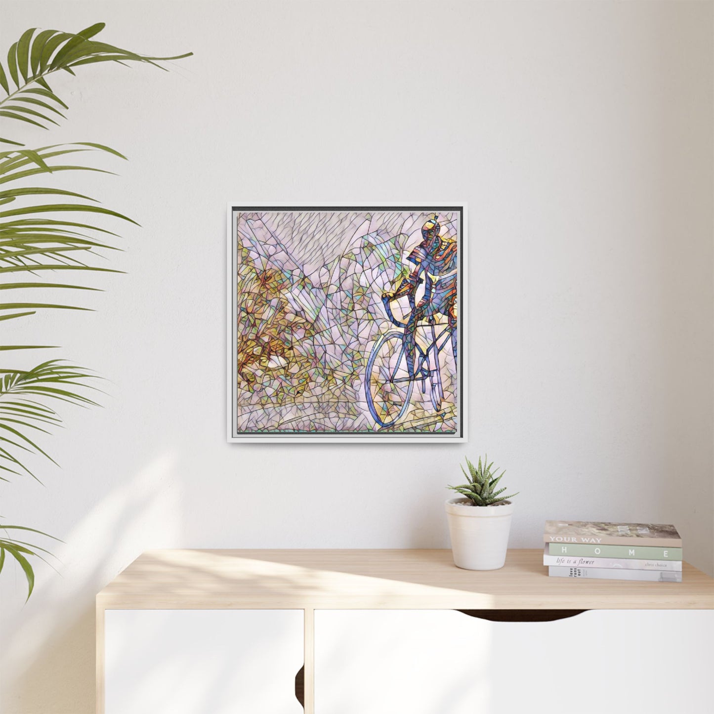 Colorful Cyclist Stained-Glass Art — Framed Matte Canvas