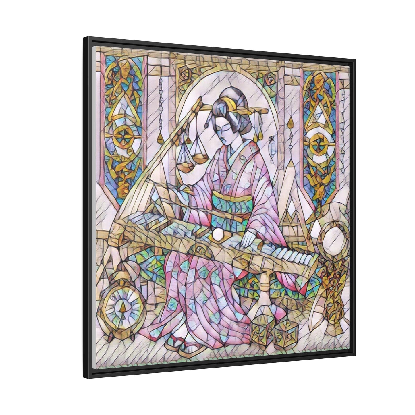 Framed Matte Canvas — Geisha Harp Stained-Glass Art Print