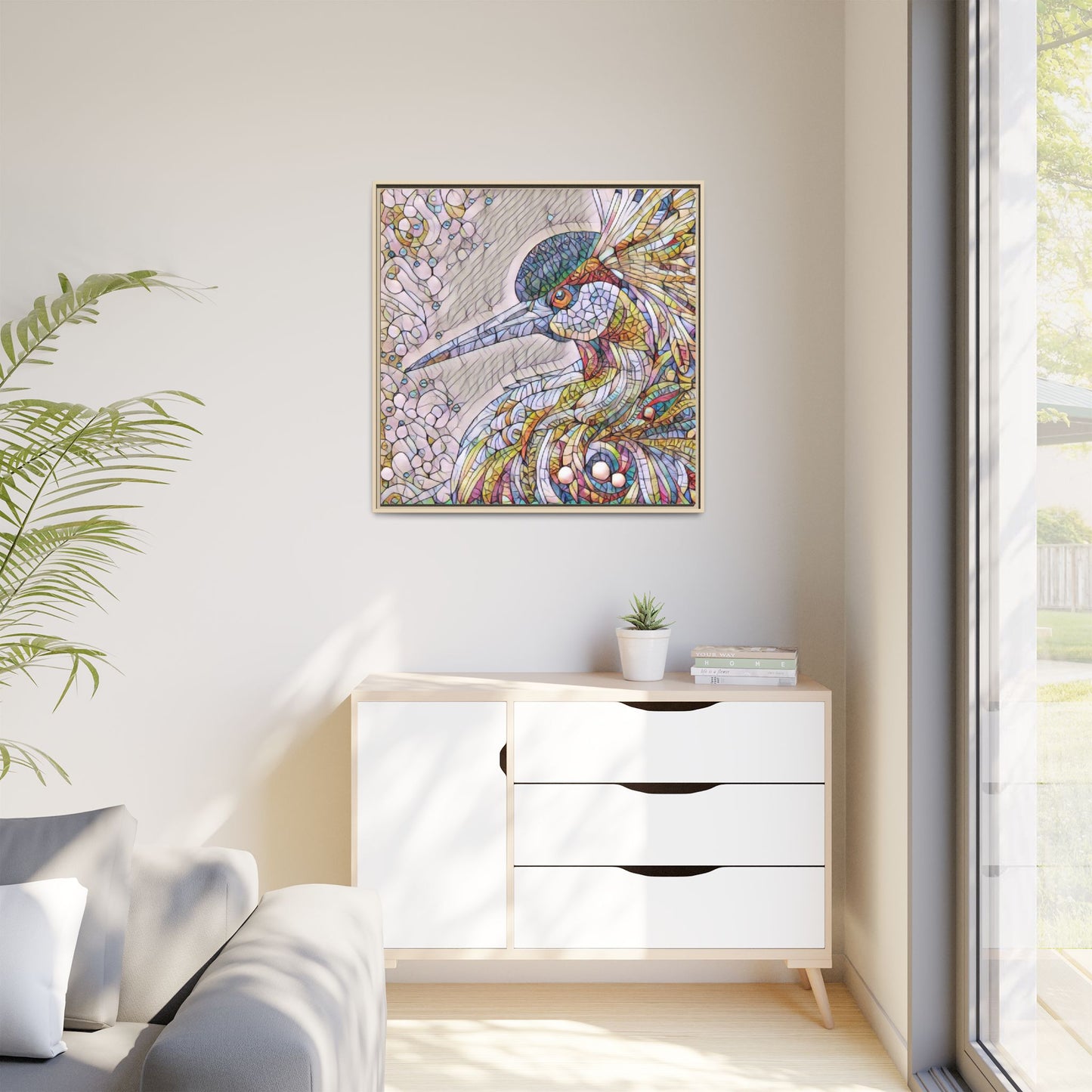 Colorful Stained-Glass Heron Matte Canvas Framed Wall Art