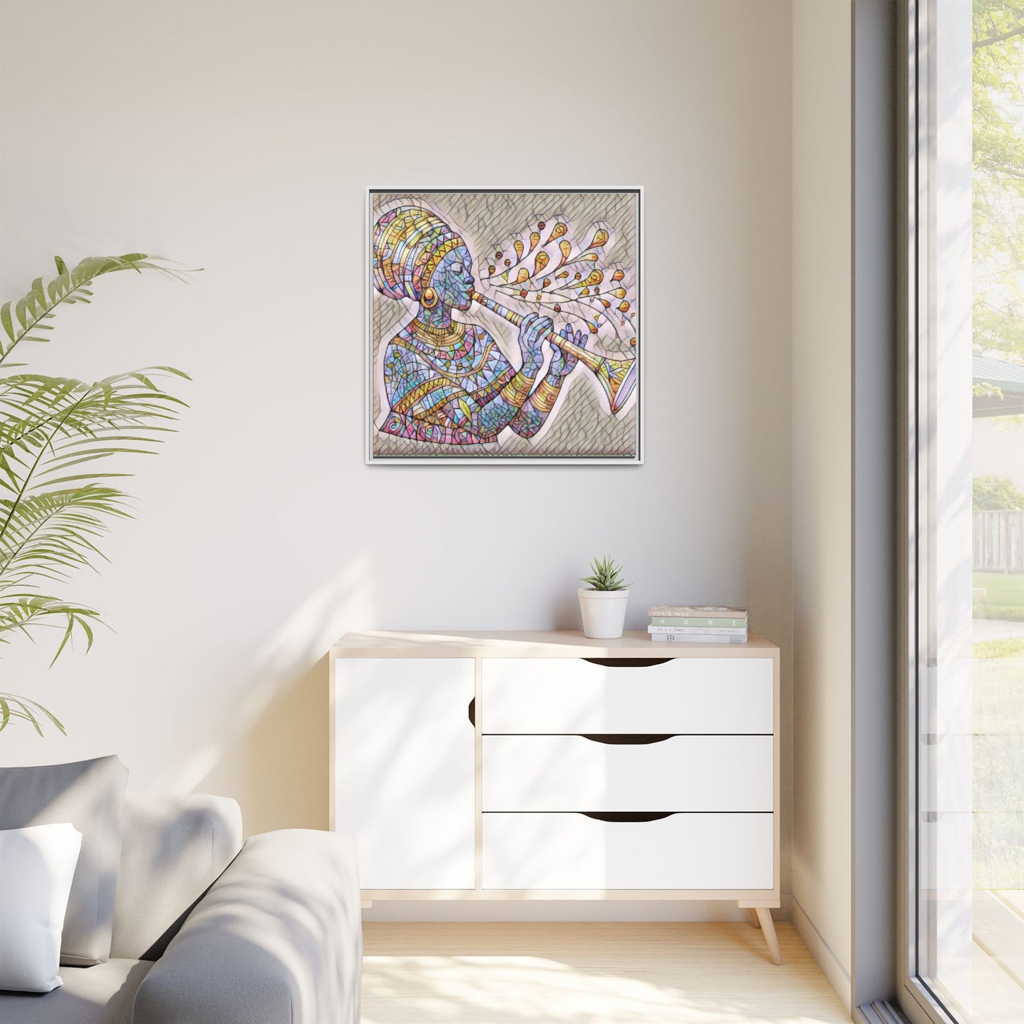 Framed Matte Canvas Art – Colorful African Musician Trumpet Print