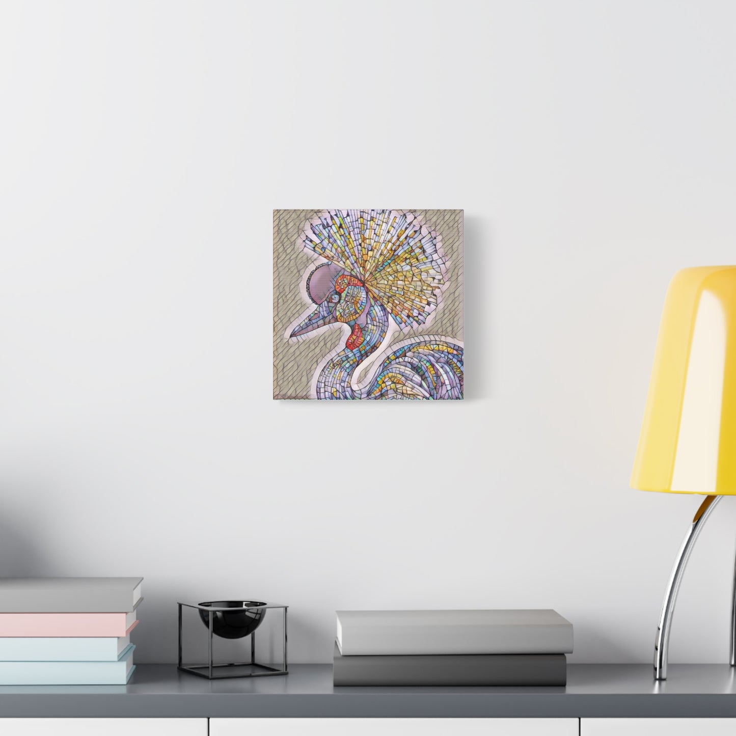 Colorful Mosaic Crowned Crane Canvas Wall Art — Stretched Matte Print