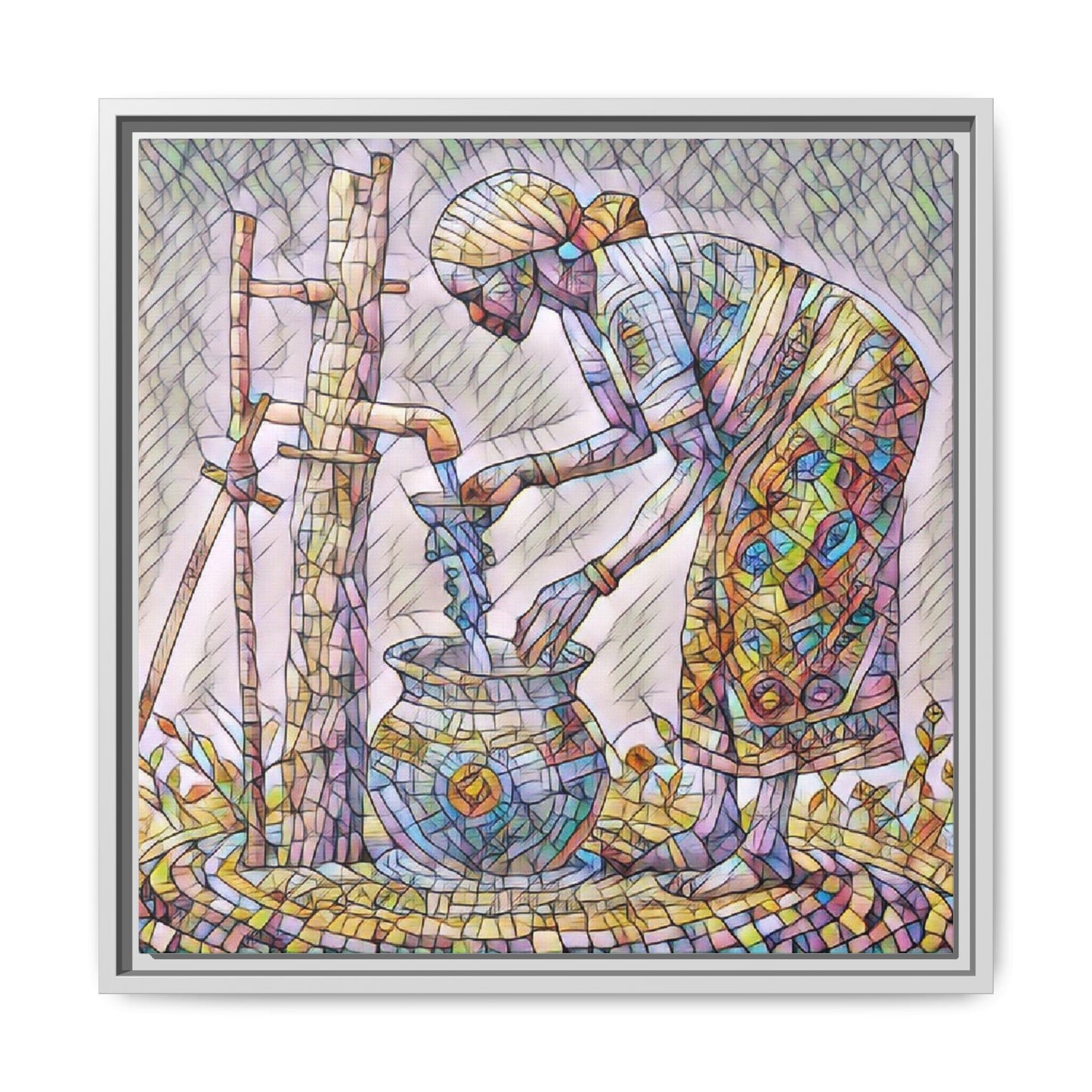 Framed Matte Canvas Art — Colorful Mosaic Woman at Well