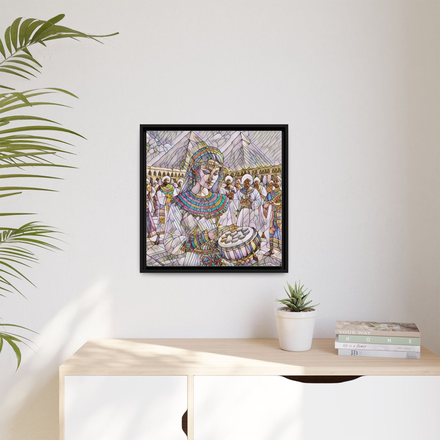 Egyptian Drum Player Framed Canvas Art — Colorful Ancient Scene Wall Decor