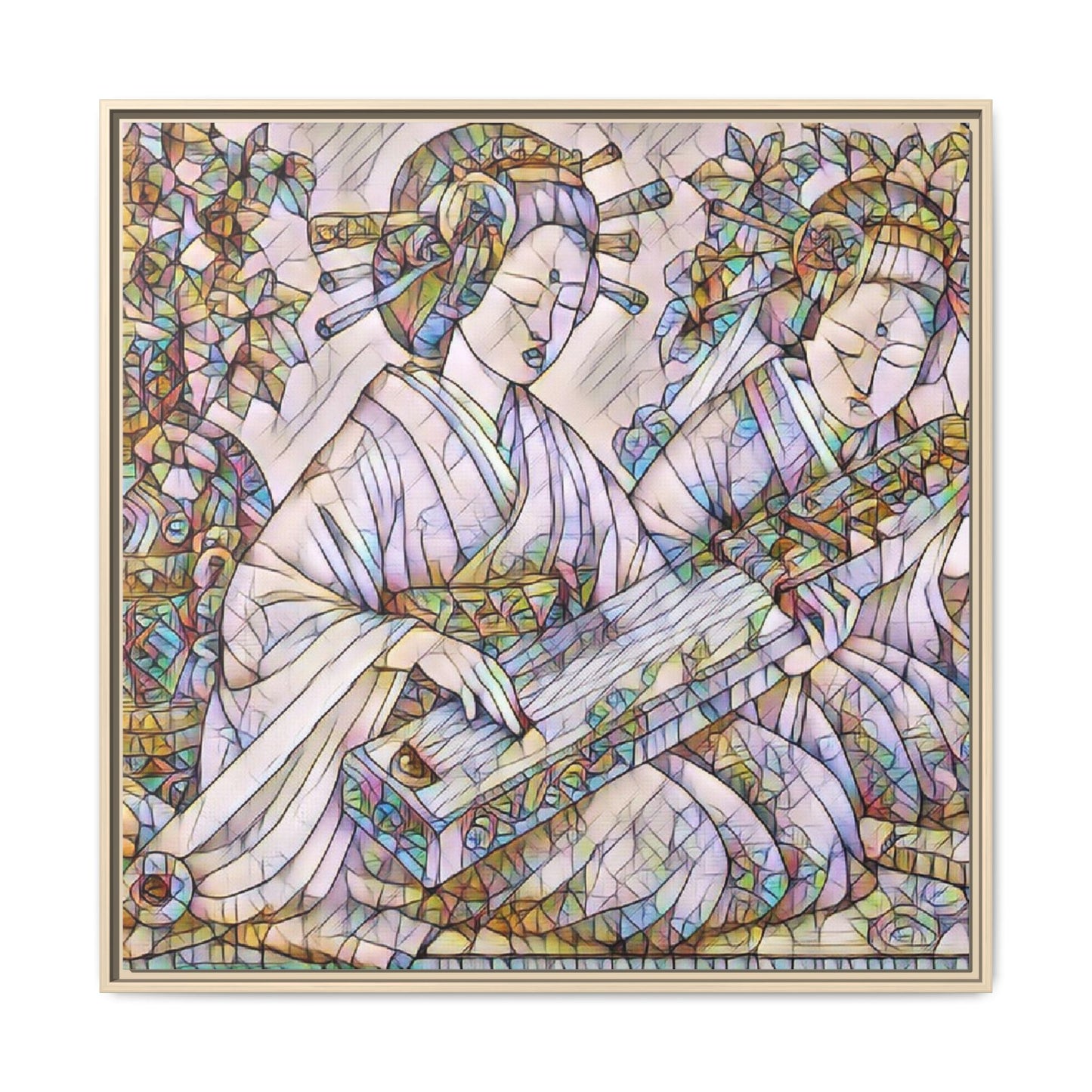 Framed Matte Canvas Print — Stained-Glass Geisha Duo