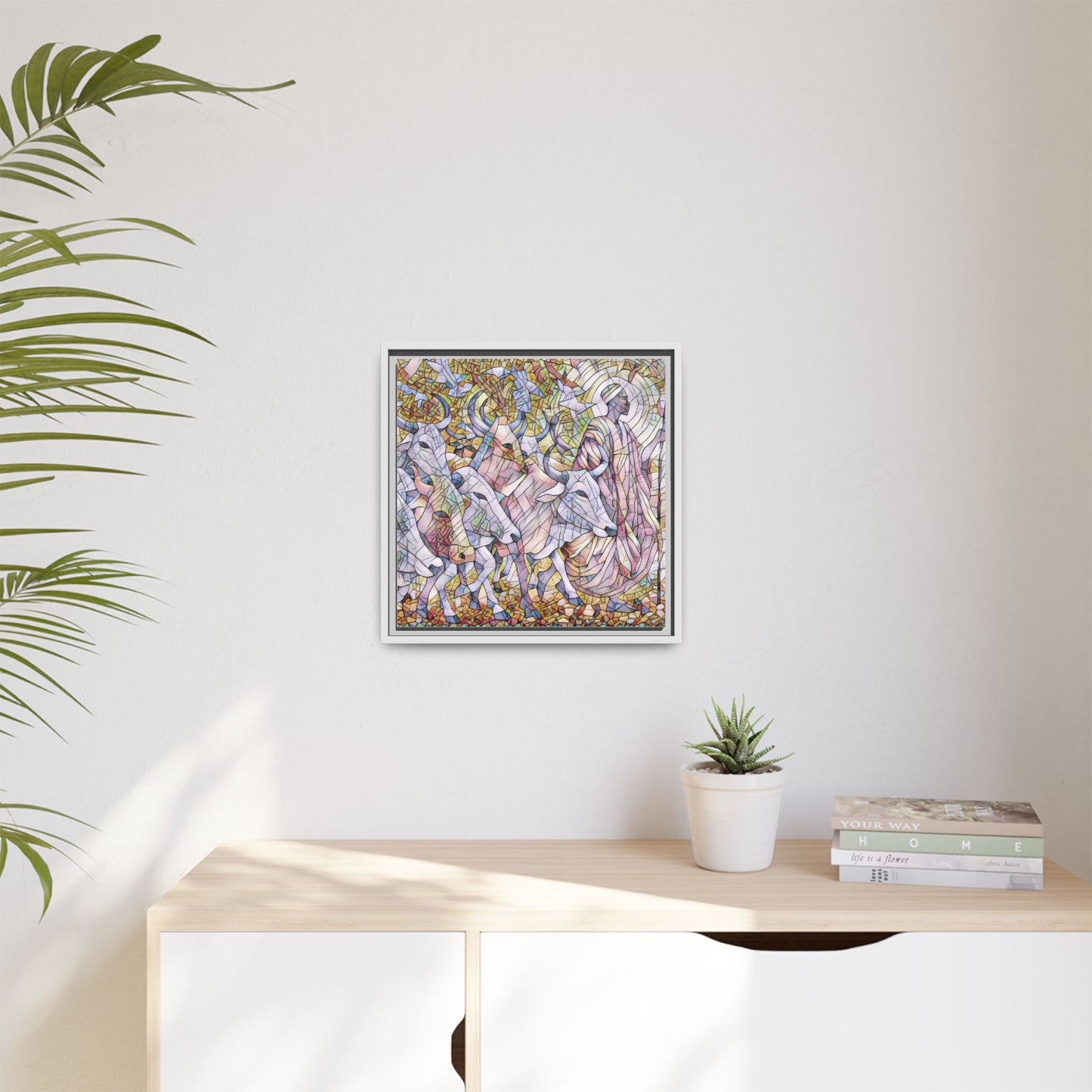 Framed Matte Canvas Art — Stained-Glass Style Cattle Herd
