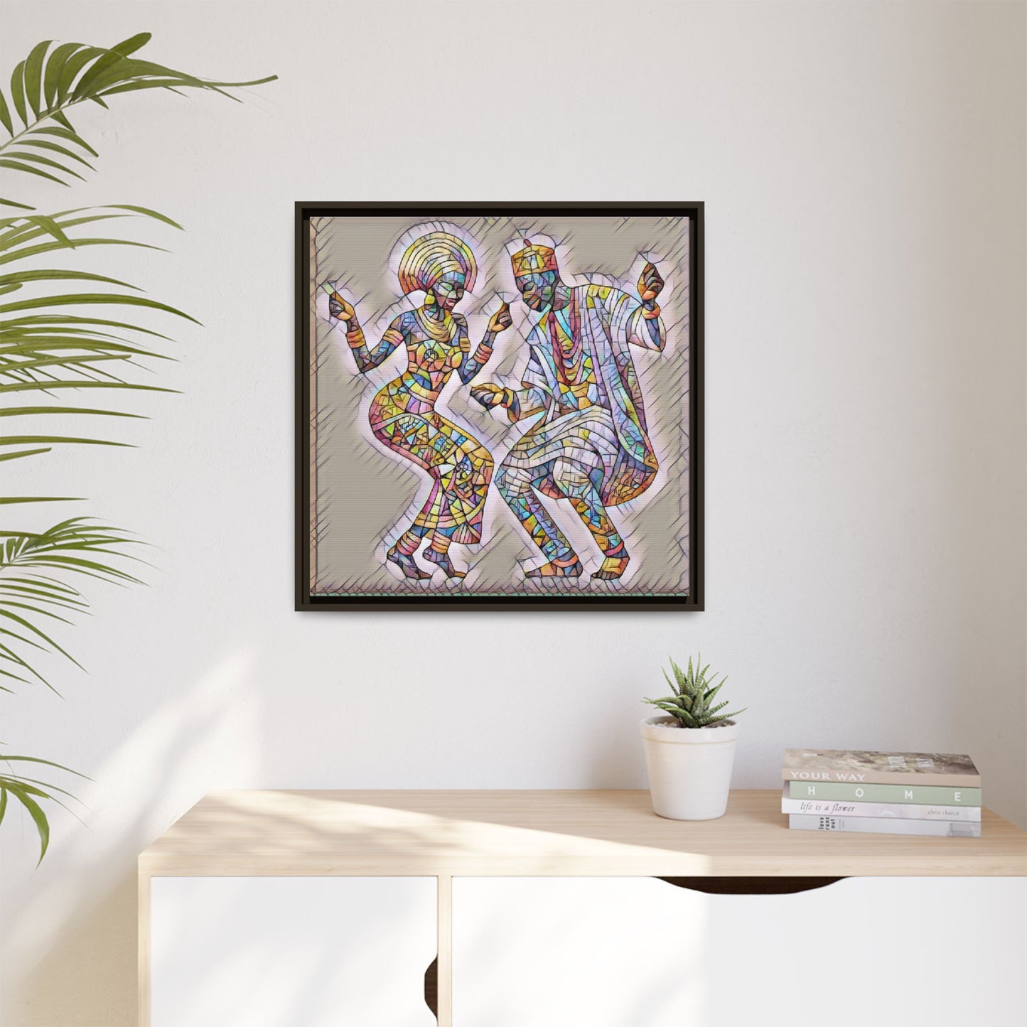 Afrobeat Dancers Framed Canvas Art — Colorful Mosaic African Dance Print