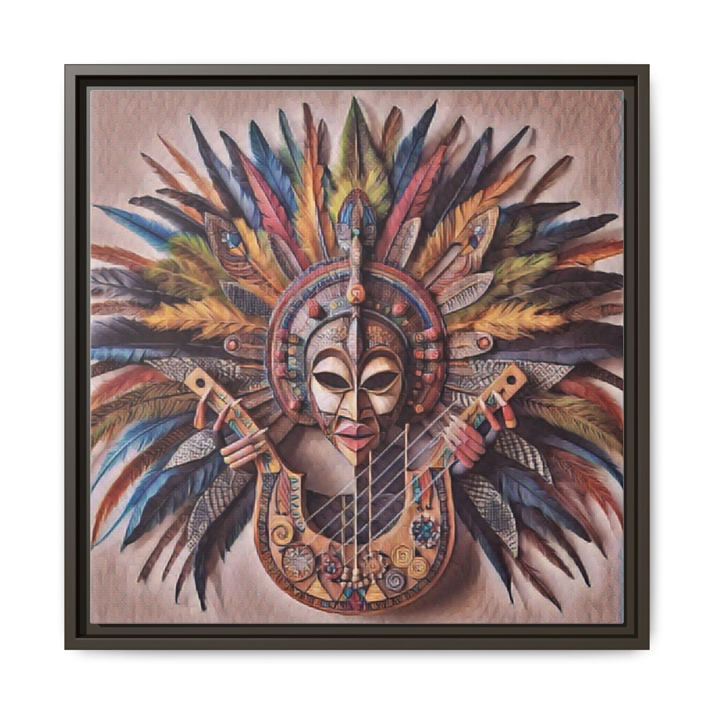 Tribal Feather Mask Guitar Framed Canvas Art — Colorful Boho Wall Decor
