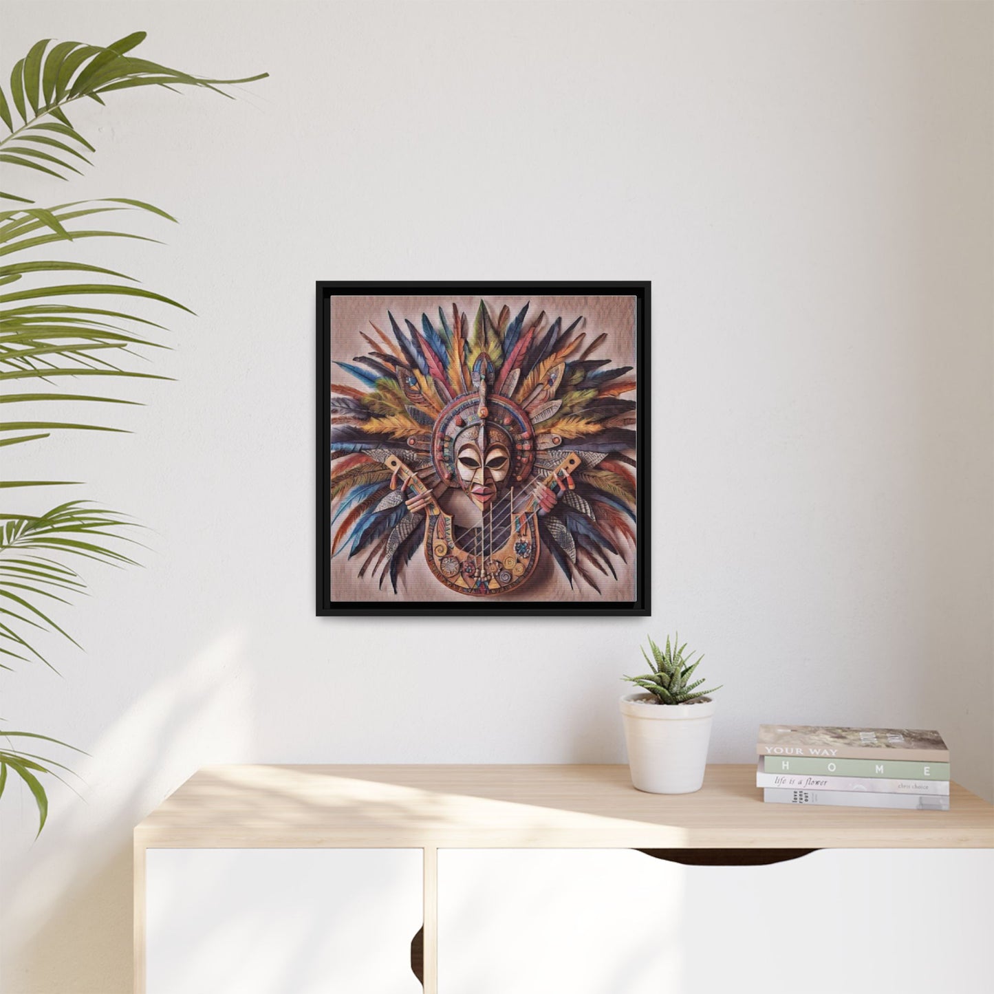Tribal Feather Mask Guitar Framed Canvas Art — Colorful Boho Wall Decor