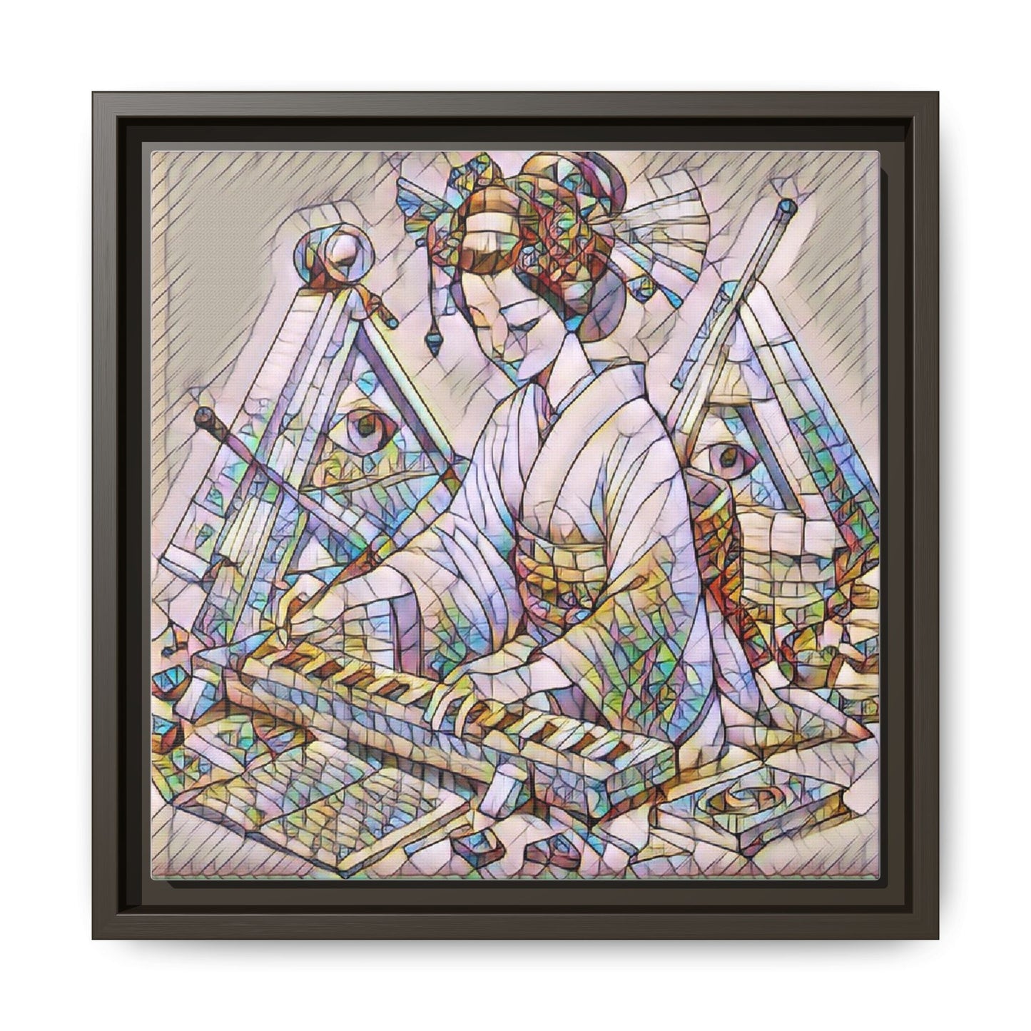 Framed Matte Canvas: Stained-Glass Geisha Wall Art