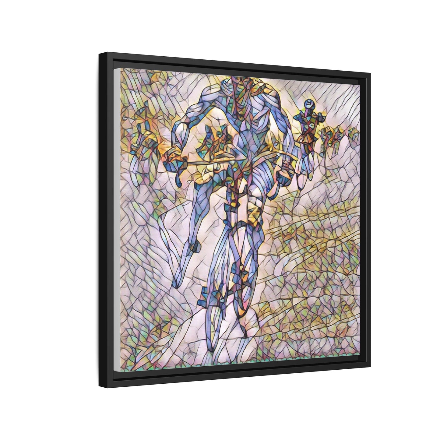 Abstract Cyclist Matte Canvas Framed Art — Colorful Stained-Glass Bike Print