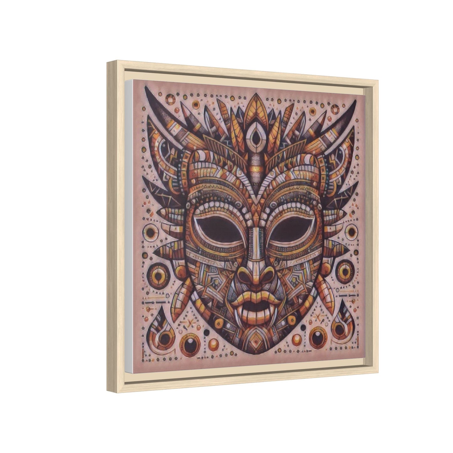 Tribal Mask Framed Canvas Art — Multicolor Matte Wall Decor