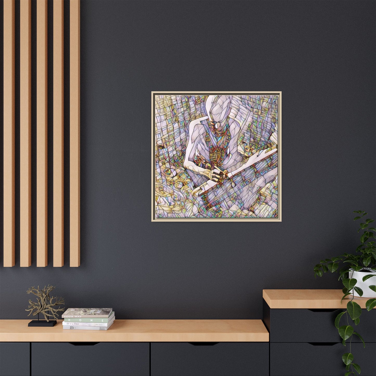 Abstract Fantasy Warrior Matte Framed Canvas — Colorful Stained-Glass Style Art
