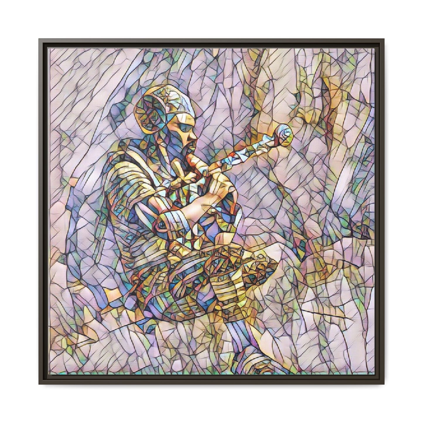 Celtic Piper Framed Matte Canvas — Stained-Glass Style Highland Bagpiper Art