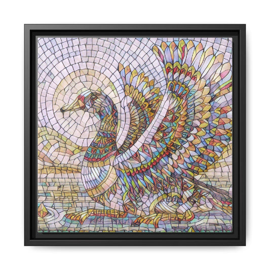 Stained Glass Swan Matte Framed Canvas Art — Colorful Mosaic Waterfowl Wall Decor