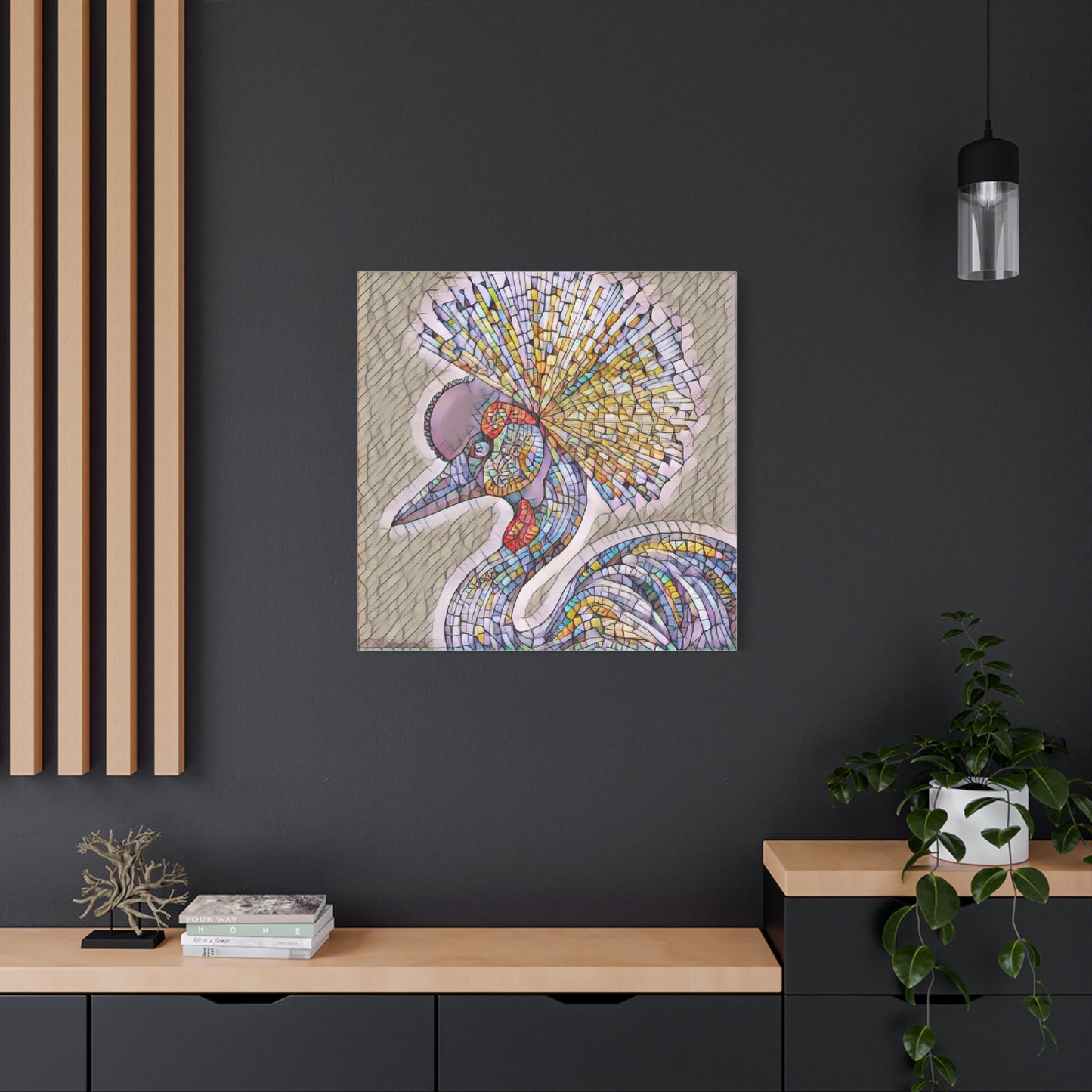 Colorful Mosaic Crowned Crane Canvas Wall Art — Stretched Matte Print