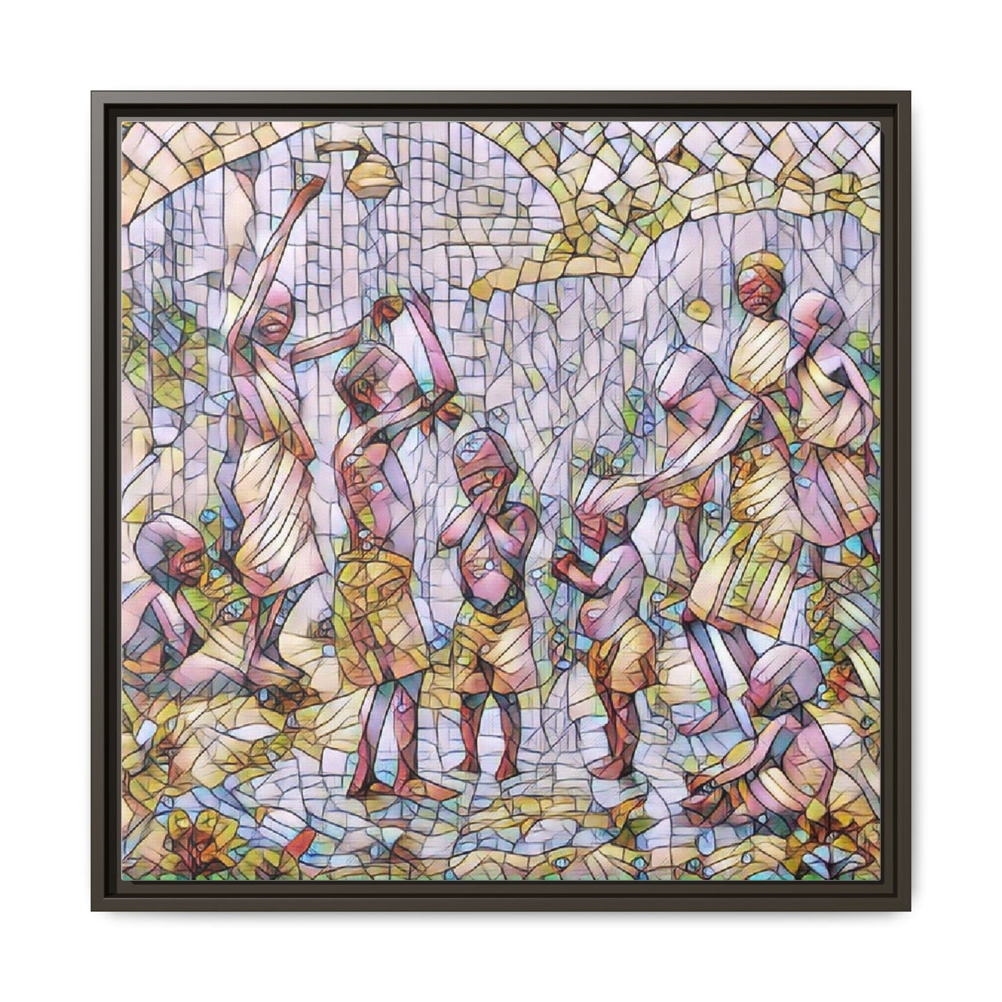 Framed Matte Canvas – Colorful Mosaic Children Playing Wall Art