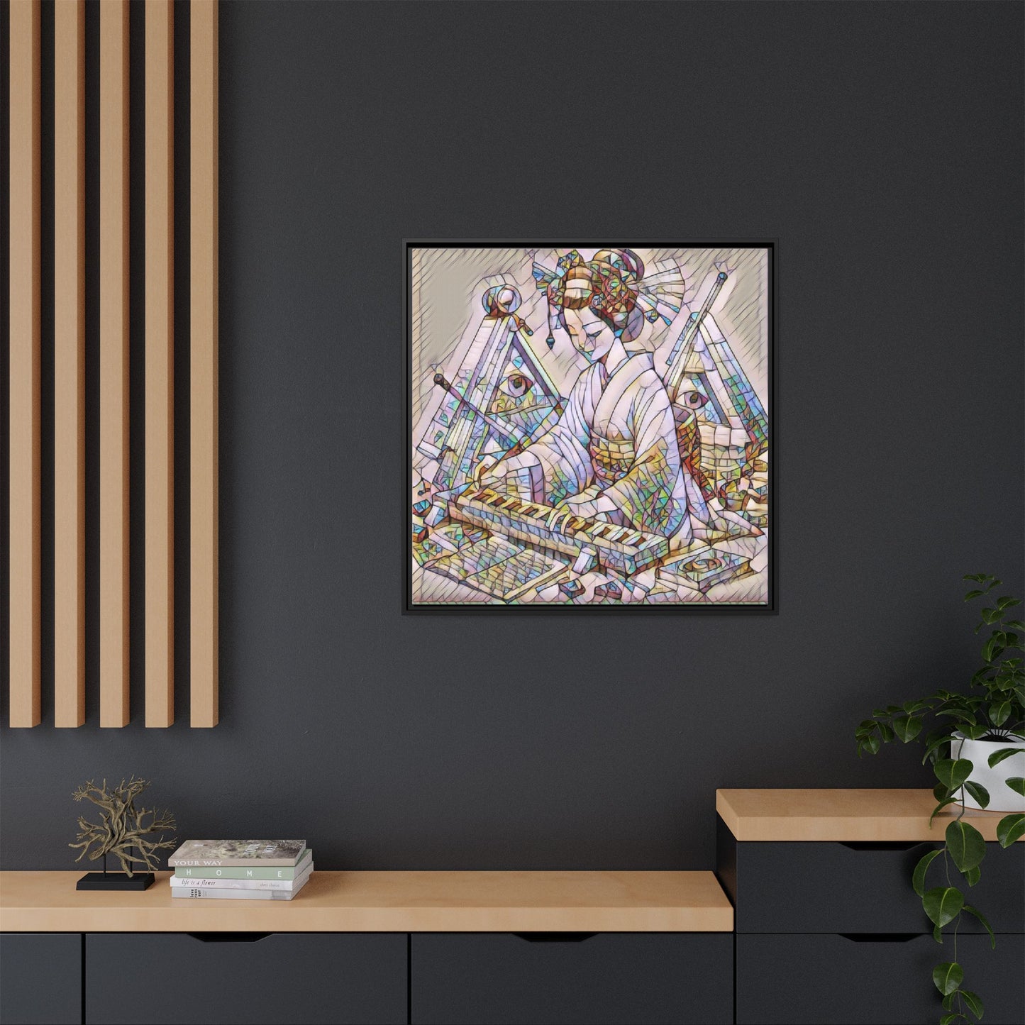 Framed Matte Canvas: Stained-Glass Geisha Wall Art