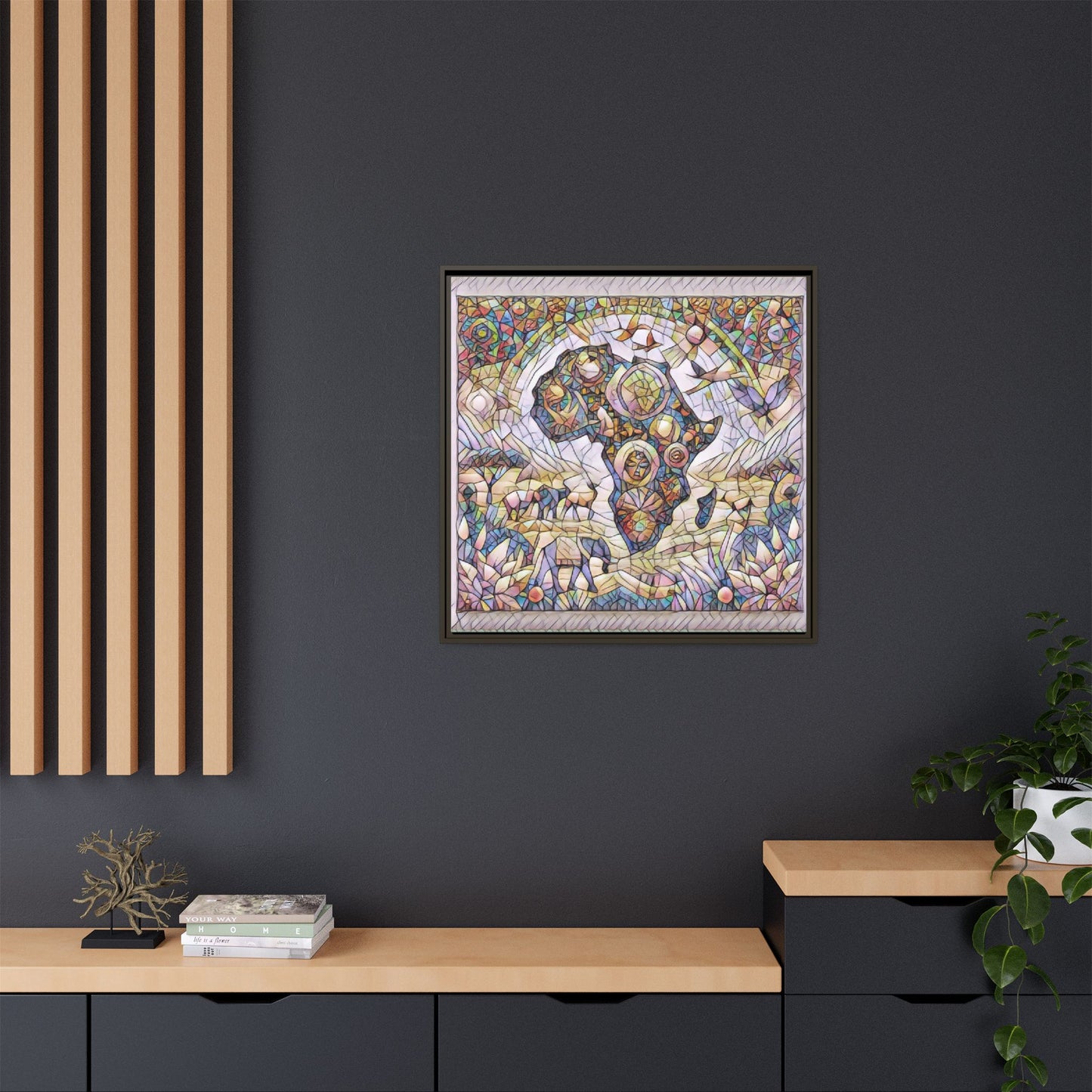 Abstract Mosaic Africa Framed Canvas — Colorful Stained-Glass Wall Art
