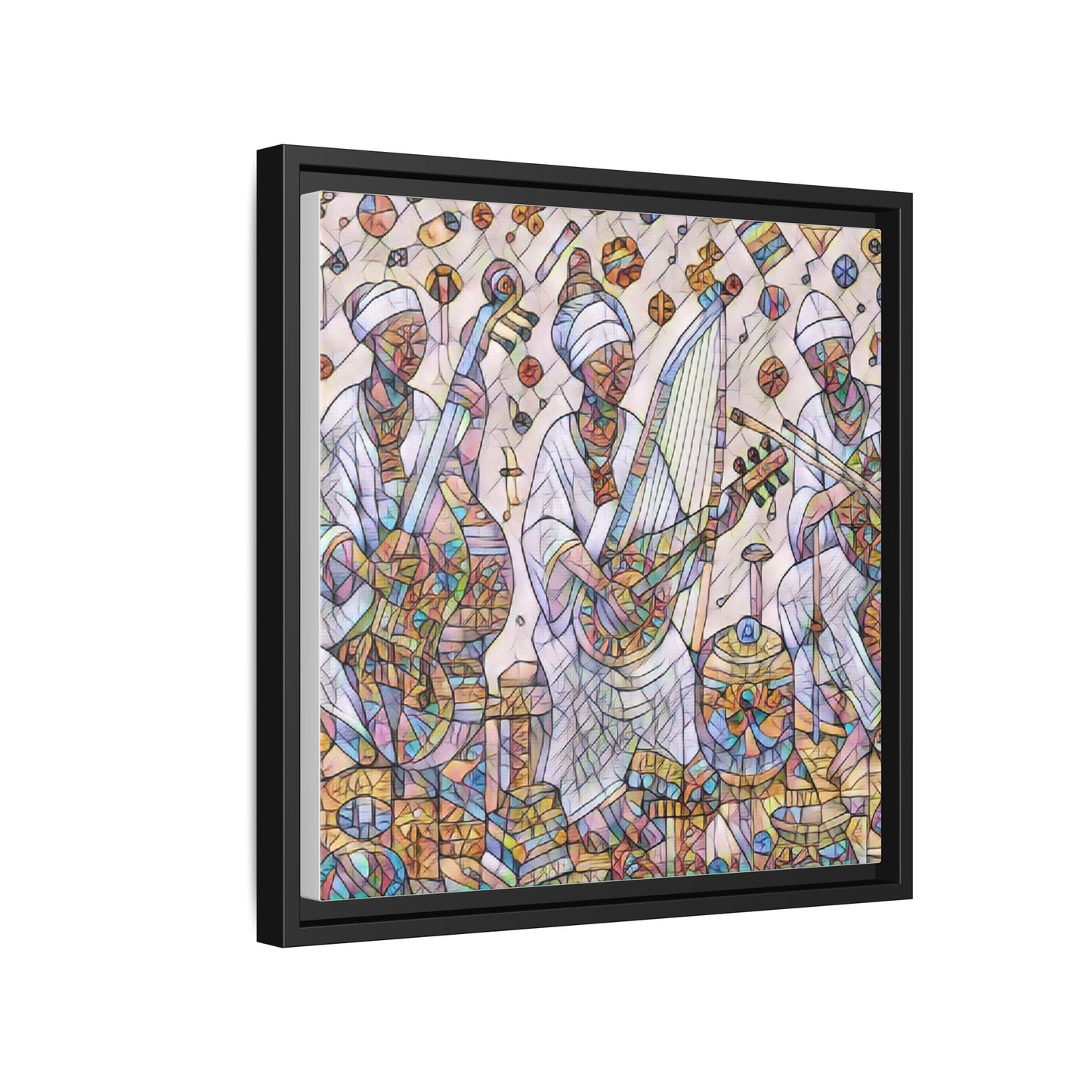 Framed Matte Canvas Print — Colorful African Musicians Stained-Glass Art