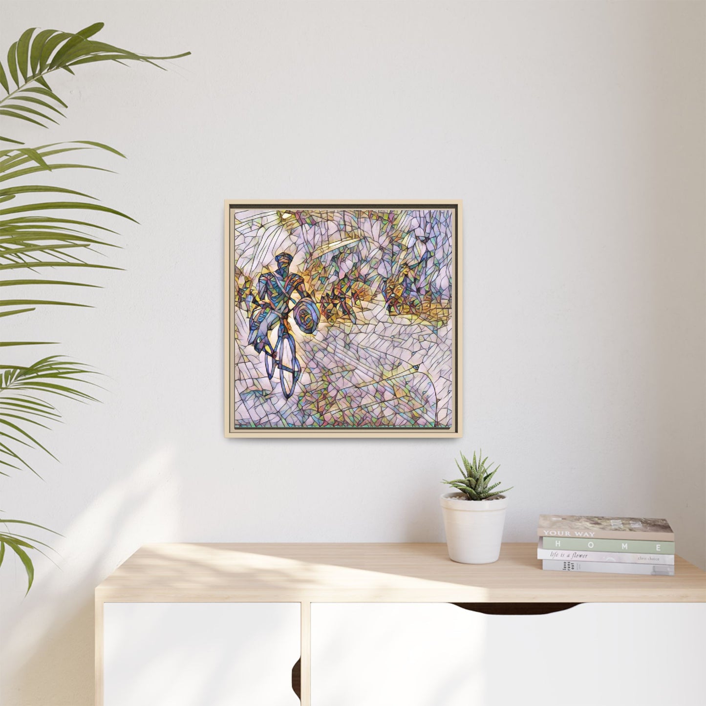 Cyclist Mosaic Matte Canvas Framed Wall Art — Colorful Biking Scene