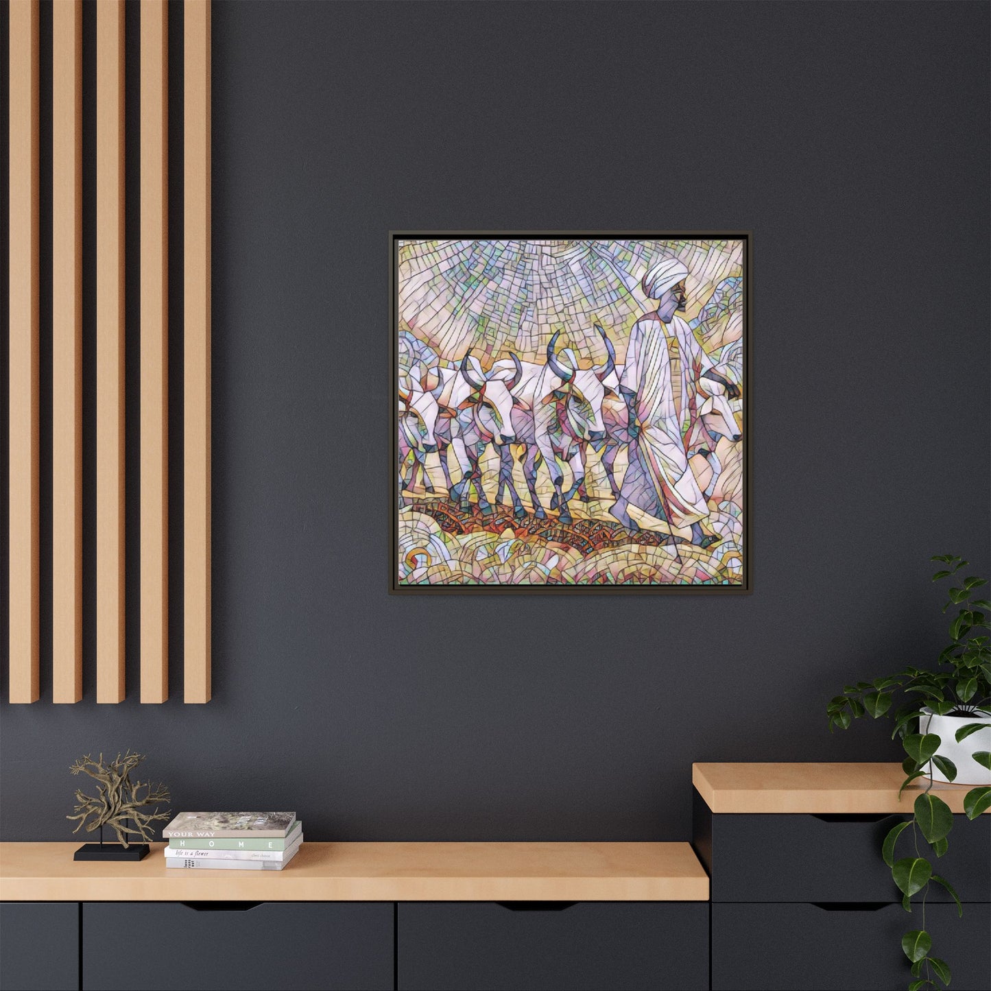 Framed Matte Canvas Art — African Herdsman Mosaic Print