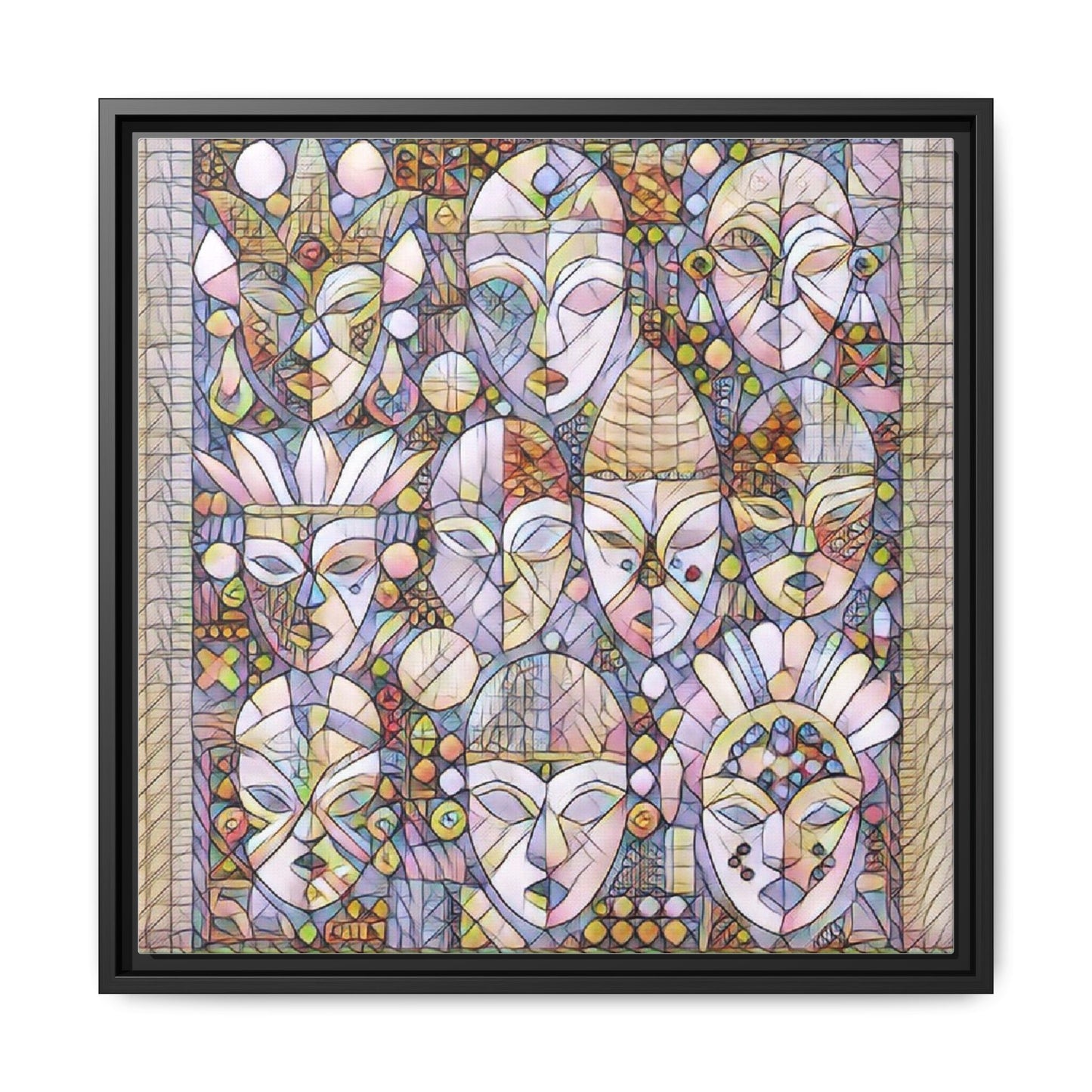 Framed Abstract Mask Art Canvas — Multicolor Stained-Glass Faces Wall Decor