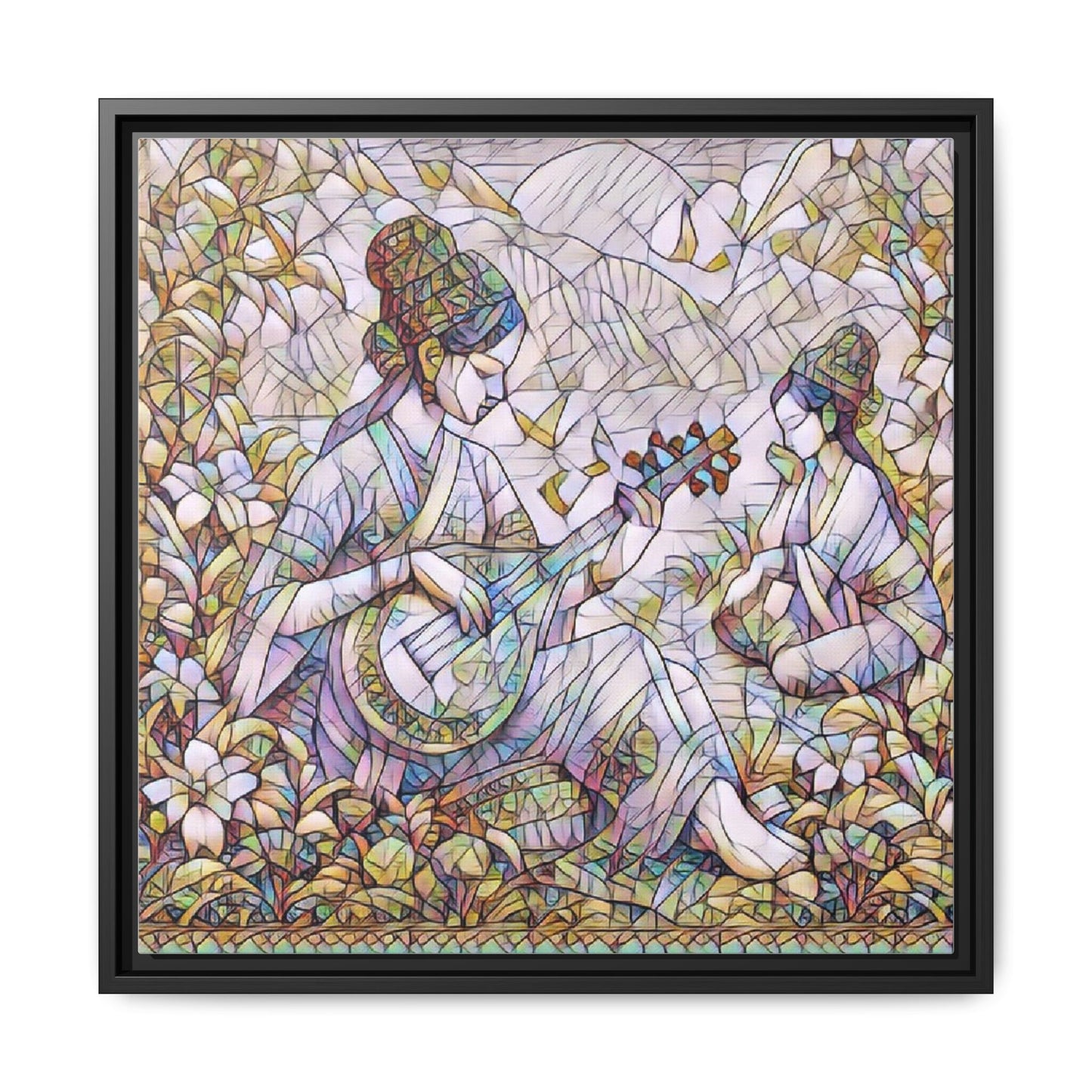 Framed Matte Canvas Art - Vintage Asian Musicians Floral Illustration