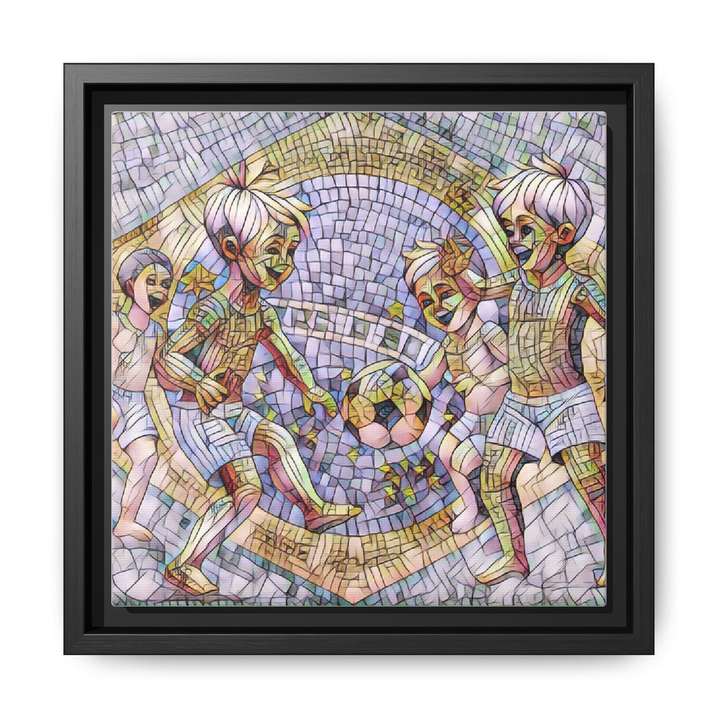 Framed Matte Canvas – Vintage Mosaic Kids Playing Soccer Art