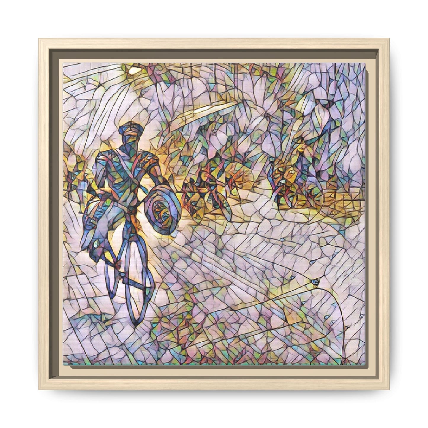 Cyclist Mosaic Matte Canvas Framed Wall Art — Colorful Biking Scene