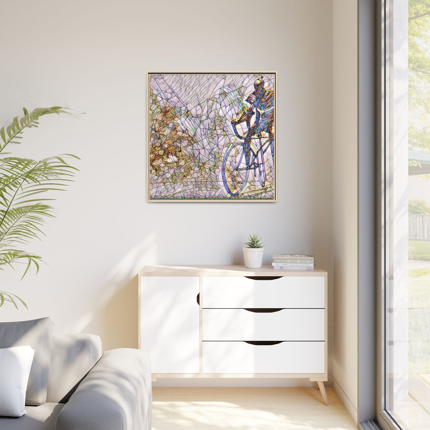 Colorful Cyclist Stained-Glass Art — Framed Matte Canvas