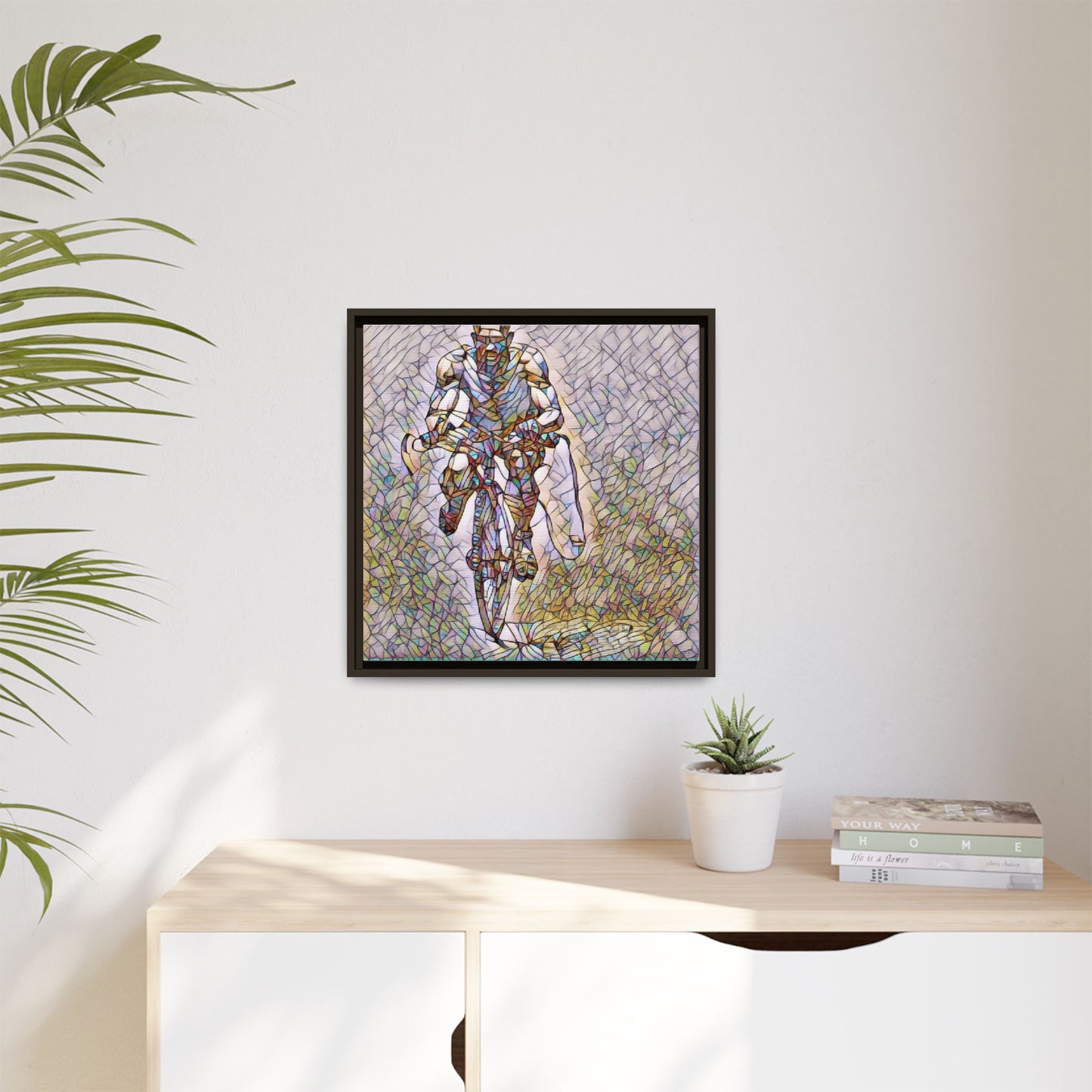 Cyclist Art Print — Framed Matte Canvas Wall Art (Multicolor Stained-Glass Style)