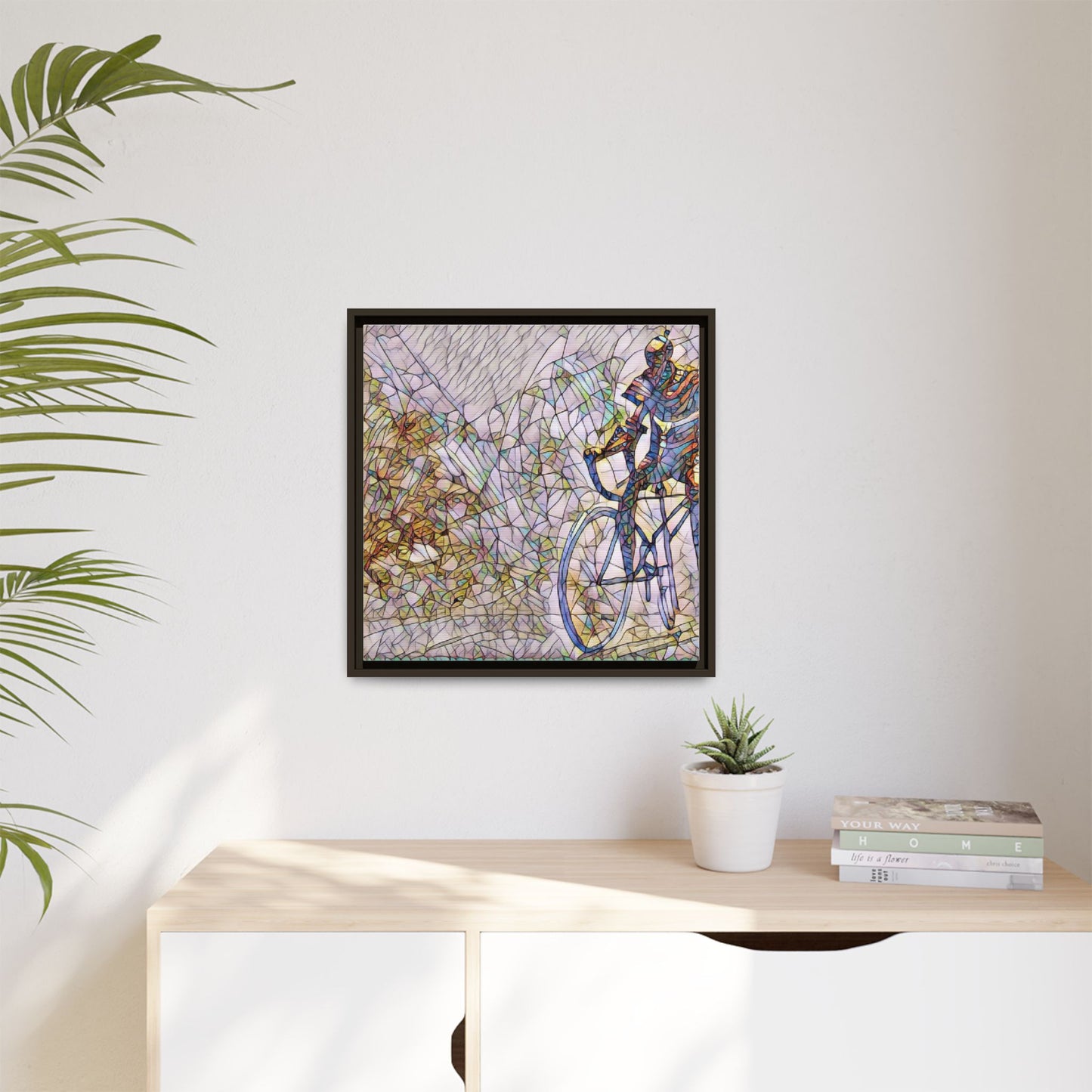 Colorful Cyclist Stained-Glass Art — Framed Matte Canvas